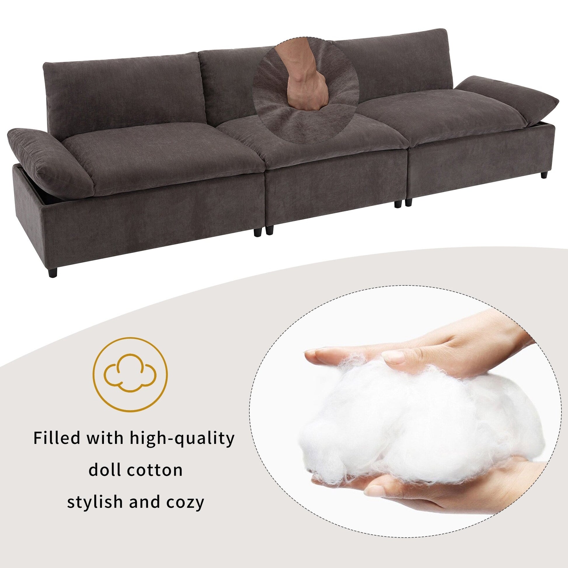 Grand canapé 3 places en polyester (119,5 cm) avec 2 rangements et pieds en bois de caoutchouc pour salon