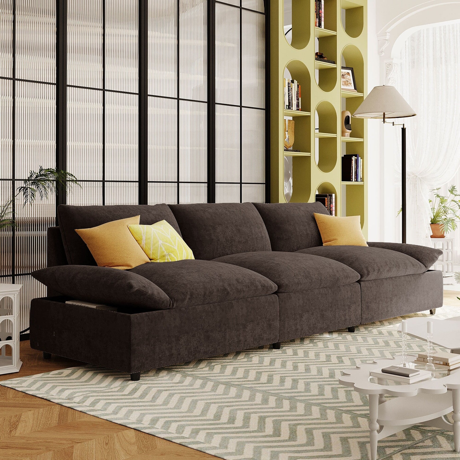 Grand canapé 3 places en polyester (119,5 cm) avec 2 rangements et pieds en bois de caoutchouc pour salon
