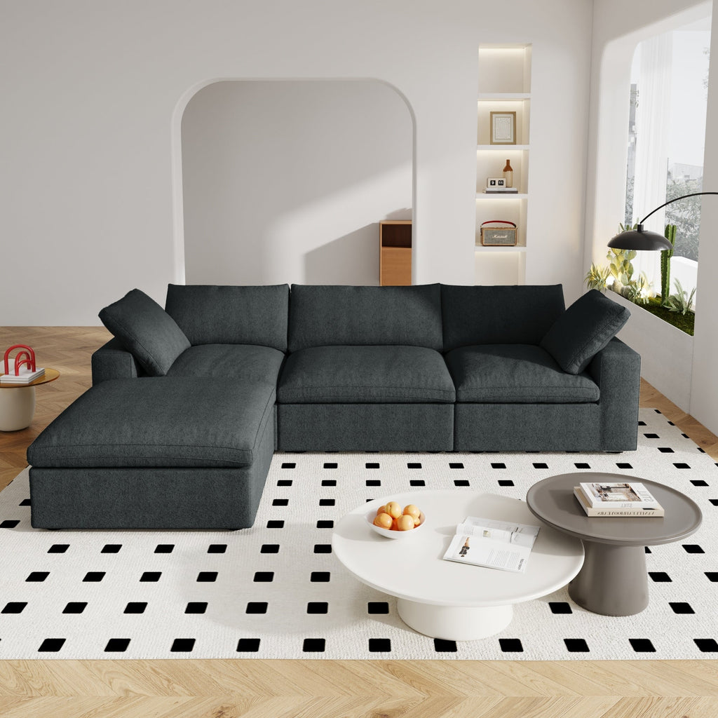 Canapé d'angle moderne en forme de L, 120 cm, en lin, canapé modulable avec pouf coffre.
