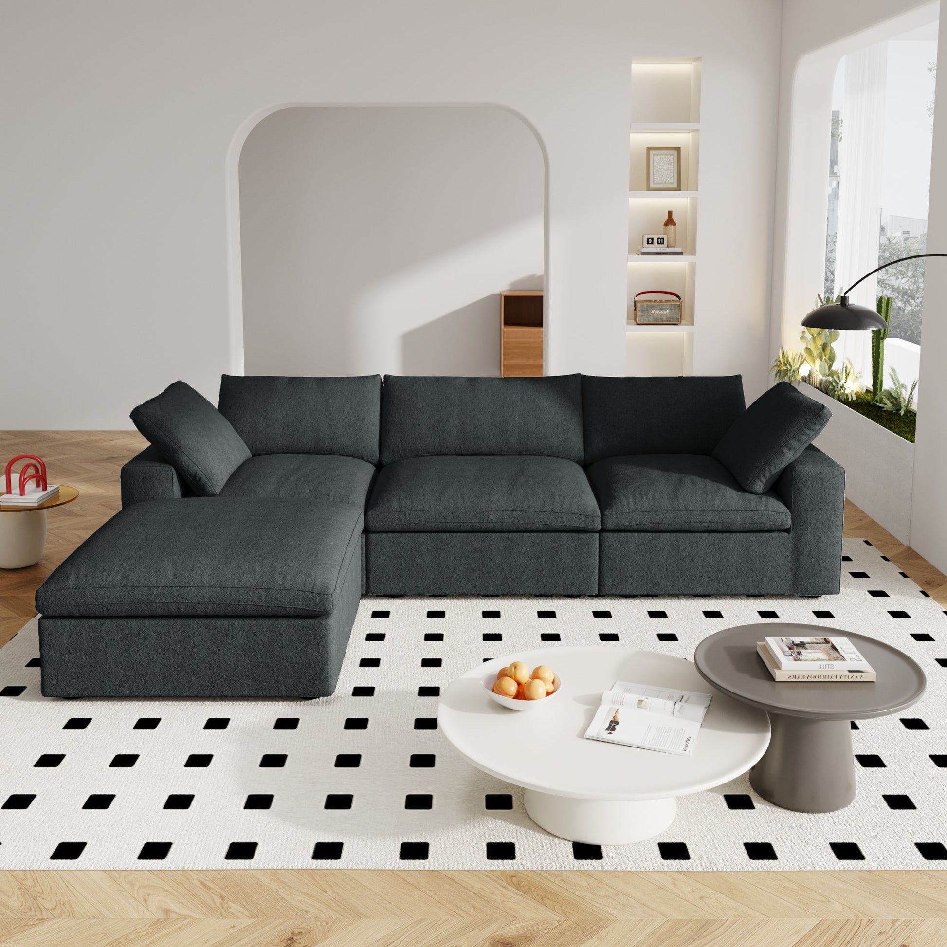 Canapé d'angle moderne en forme de L, 120 cm, en lin, canapé modulable avec pouf coffre.