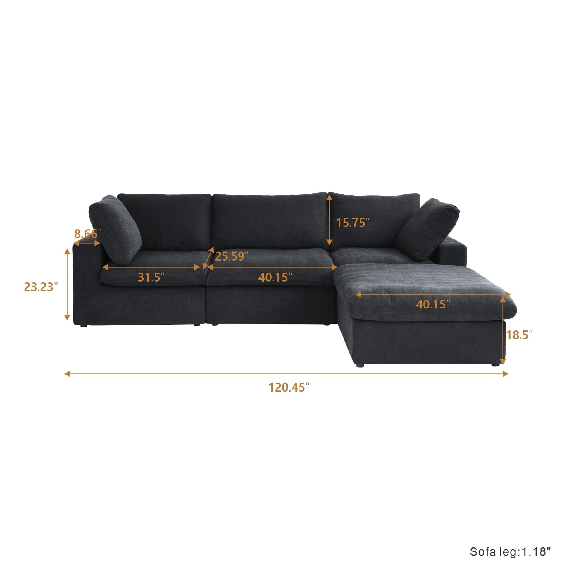 Canapé d'angle moderne en forme de L, 120 cm, en lin, canapé modulable avec pouf coffre.