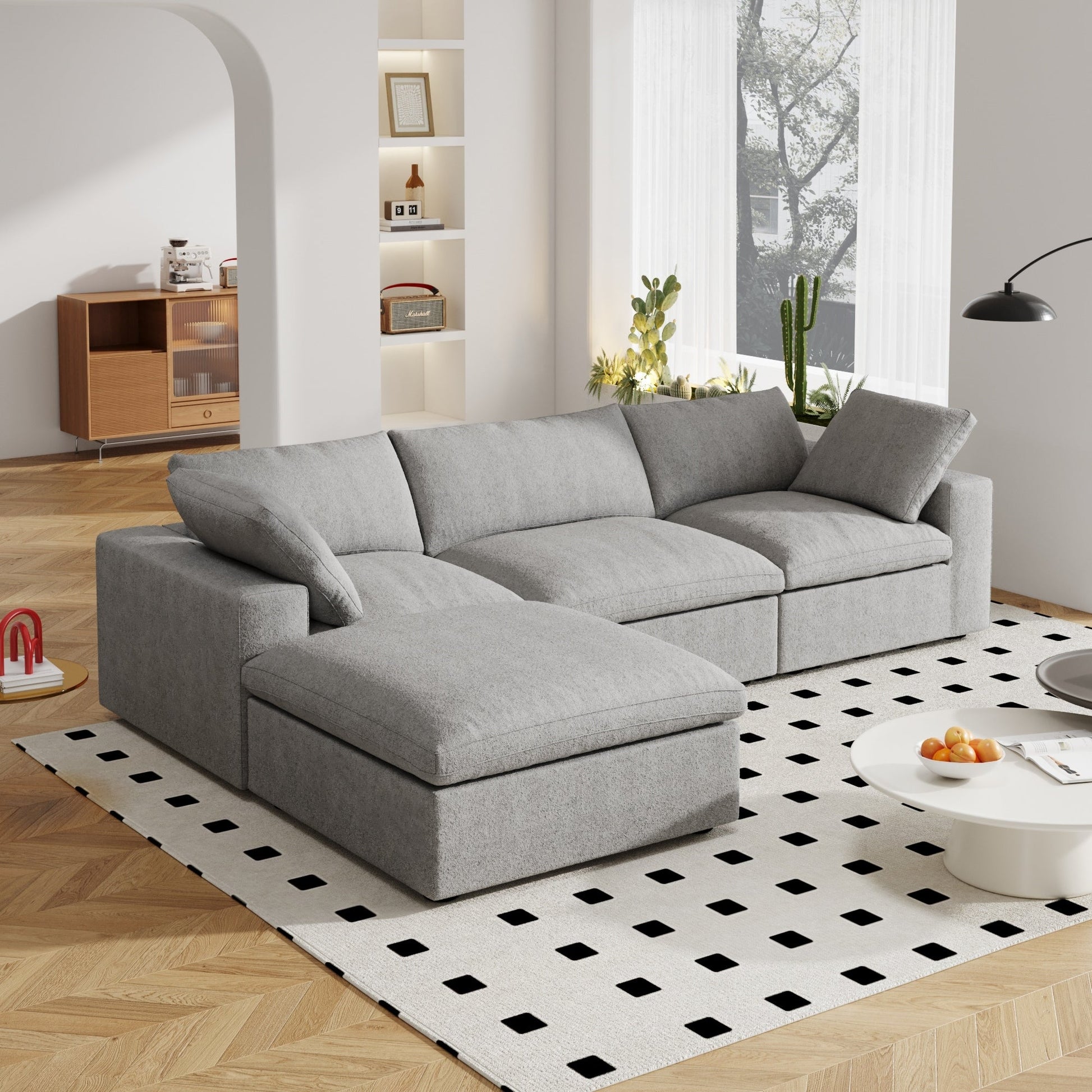 Canapé d'angle moderne en forme de L, 120 cm, en lin, canapé modulable avec pouf coffre.