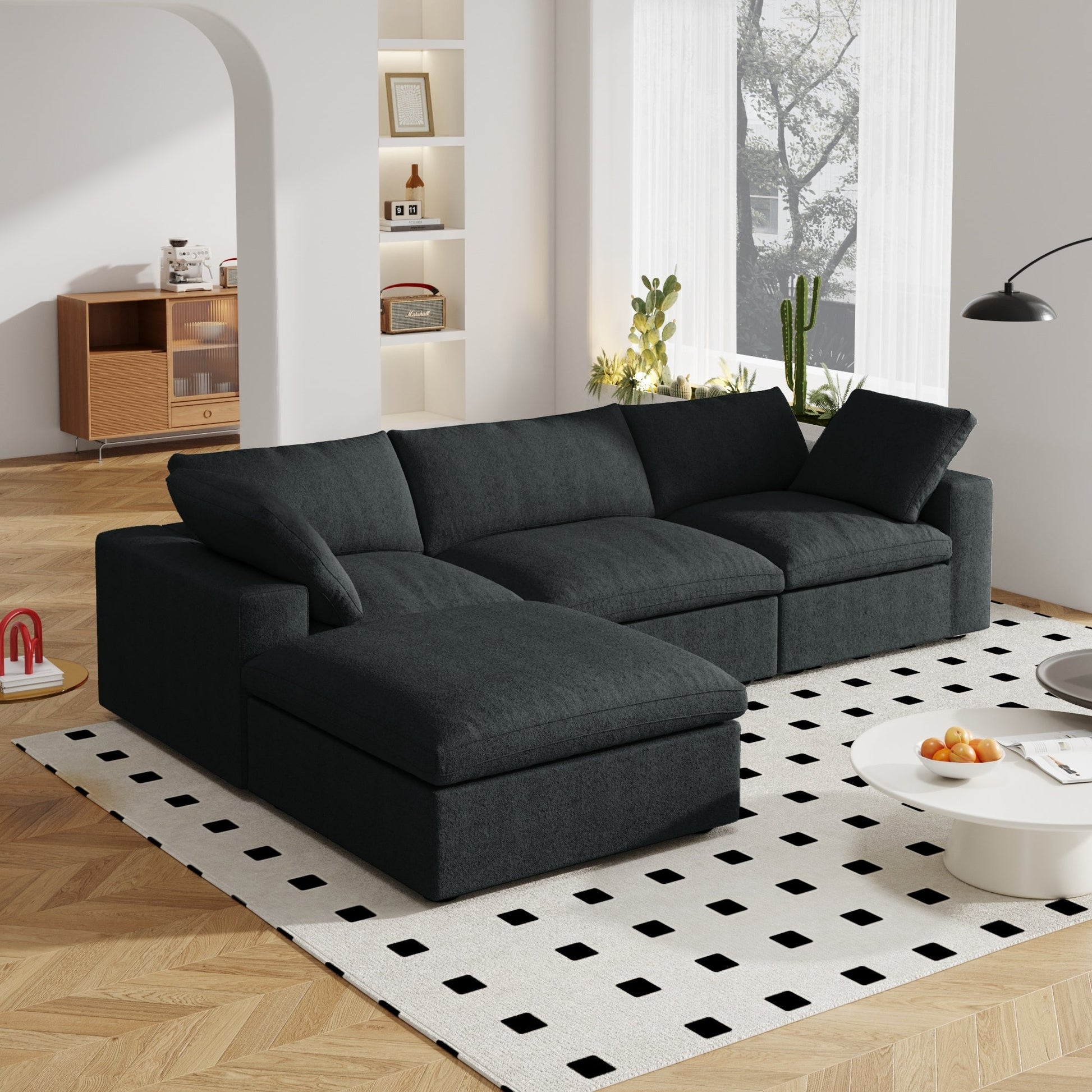 Canapé d'angle moderne en forme de L, 120 cm, en lin, canapé modulable avec pouf coffre.