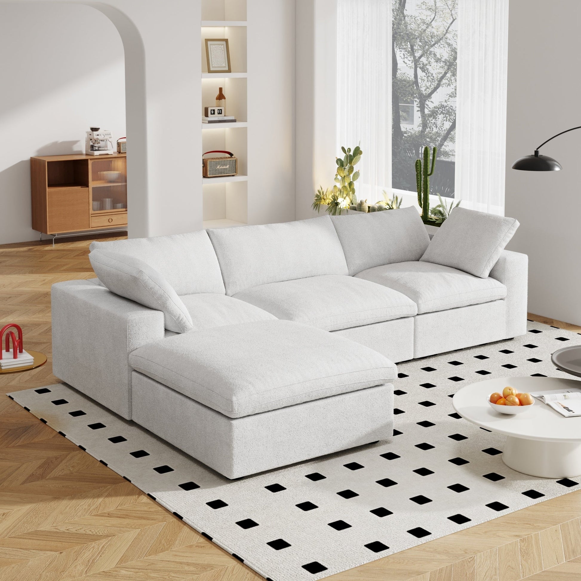 Canapé d'angle moderne en forme de L, 120 cm, en lin, canapé modulable avec pouf coffre.