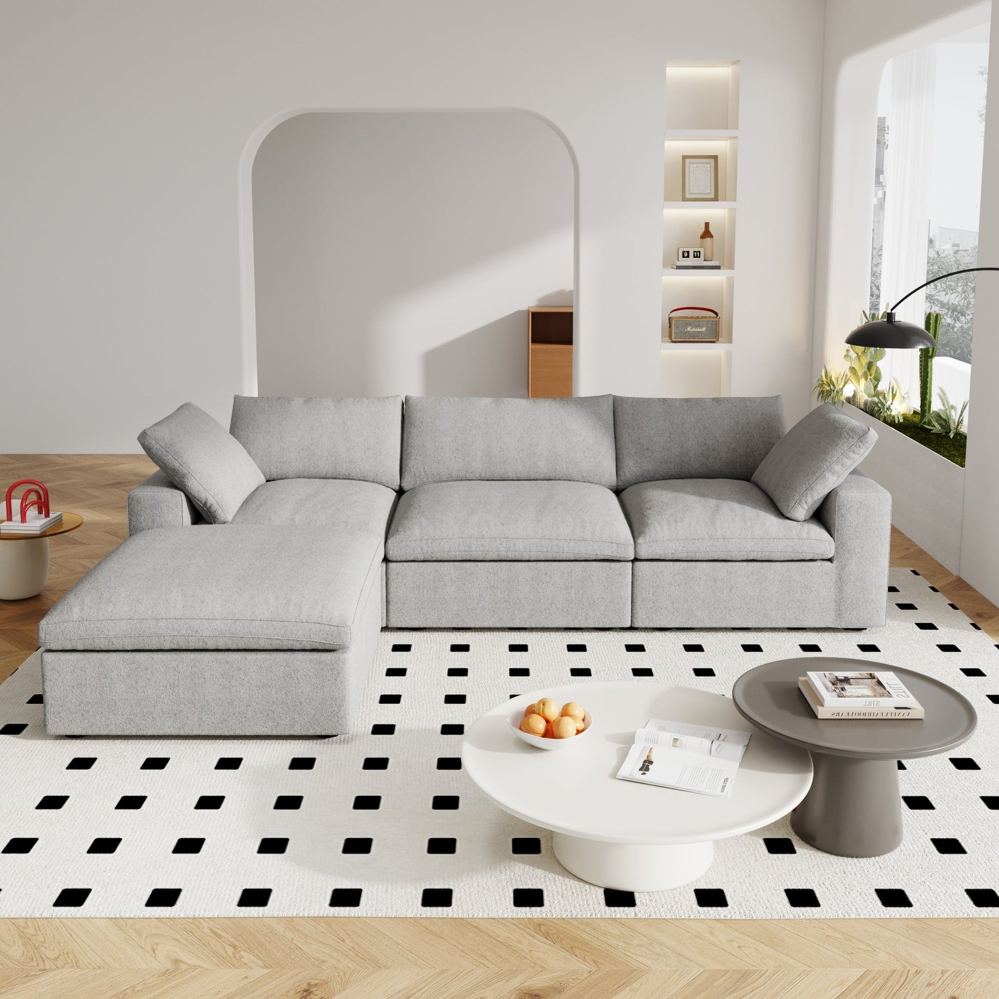 Canapé d'angle moderne en forme de L, 120 cm, en lin, canapé modulable avec pouf coffre.
