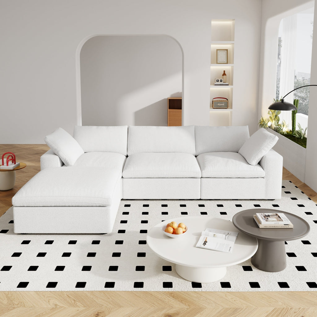 Canapé d'angle moderne en forme de L, 120 cm, en lin, canapé modulable avec pouf coffre.