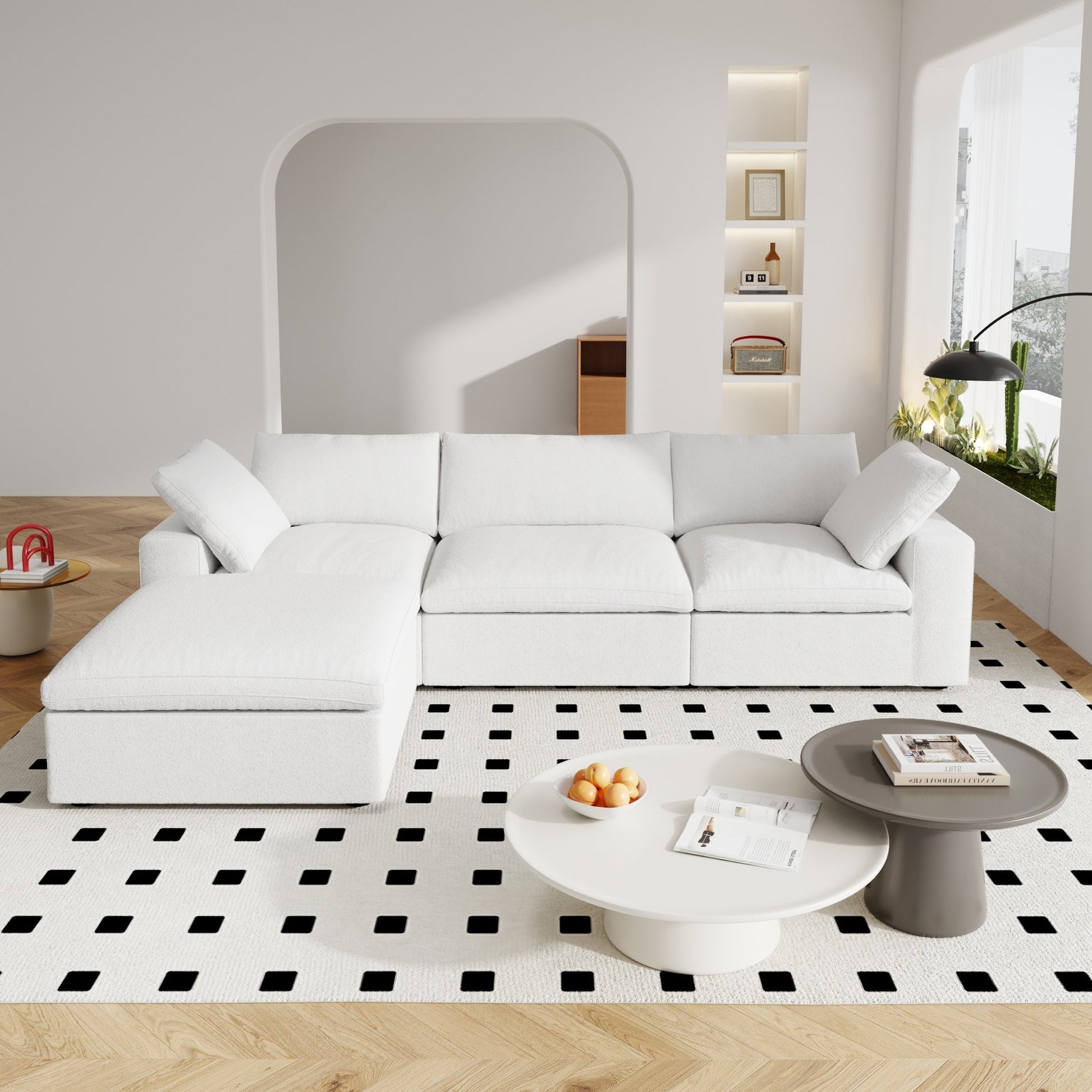 Canapé d'angle moderne en forme de L, 120 cm, en lin, canapé modulable avec pouf coffre.