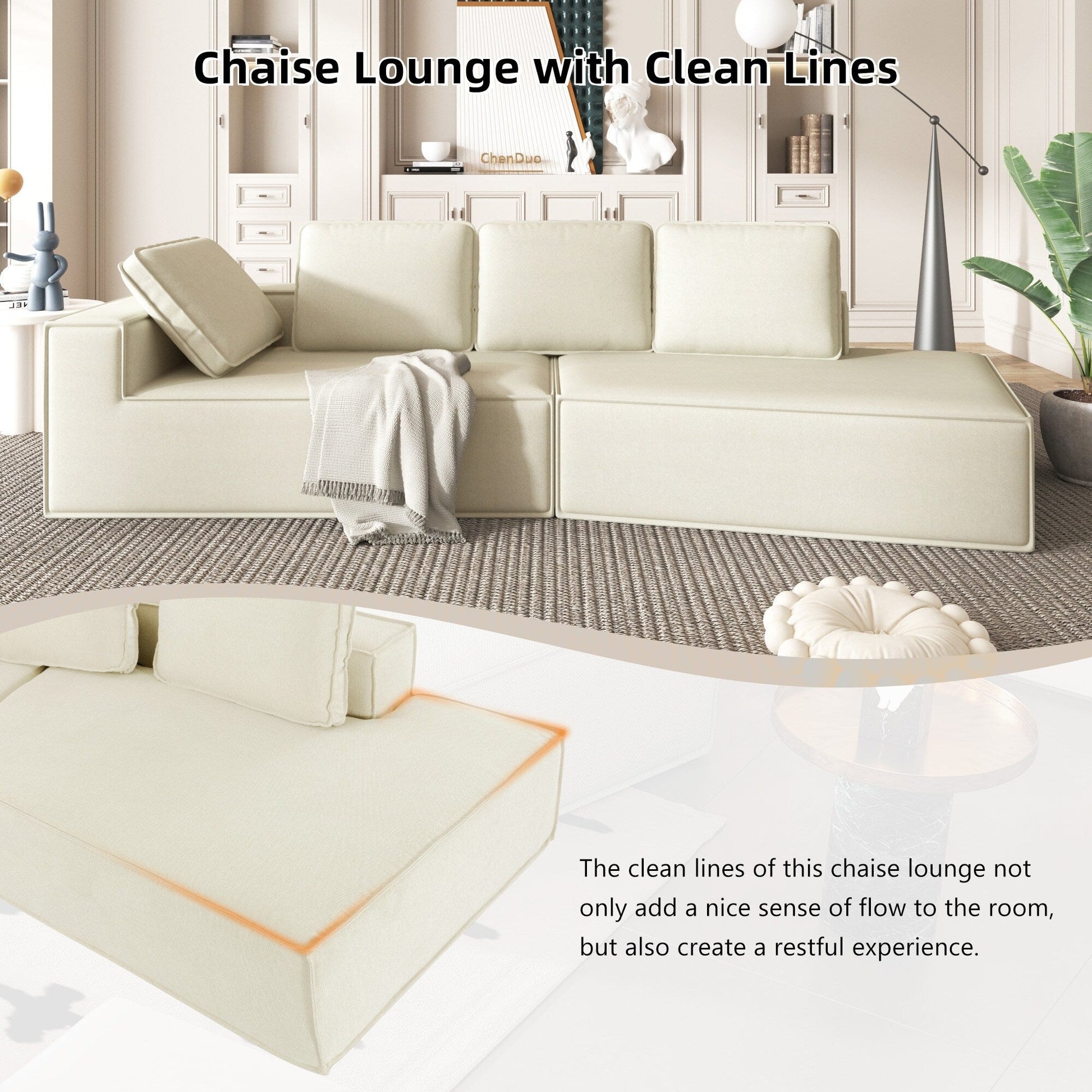 125 Chaise longue élégante, canapé-lit moderne pour intérieur, avec des lignes épurées pour le salon, beige.