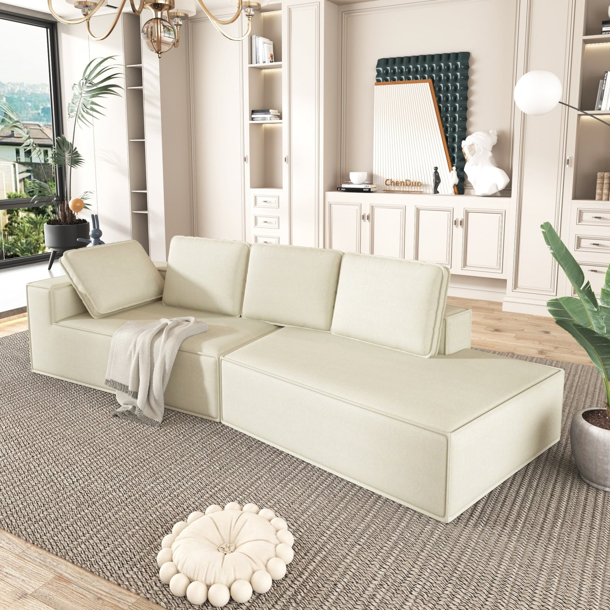 125 Chaise longue élégante, canapé-lit moderne pour intérieur, avec des lignes épurées pour le salon, beige.