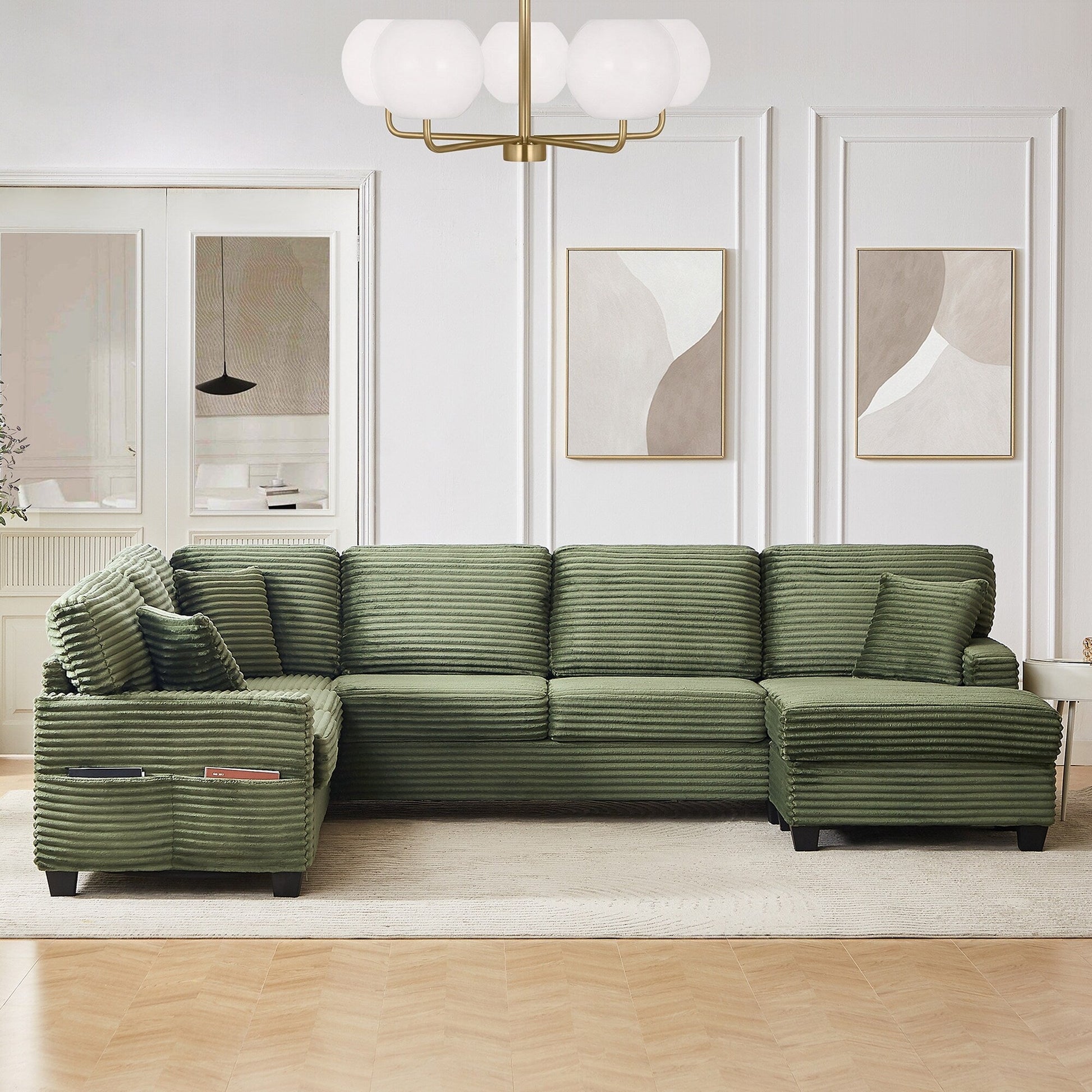 Canapé d'angle en forme de U en velours côtelé de 125 pouces avec pouf amovible