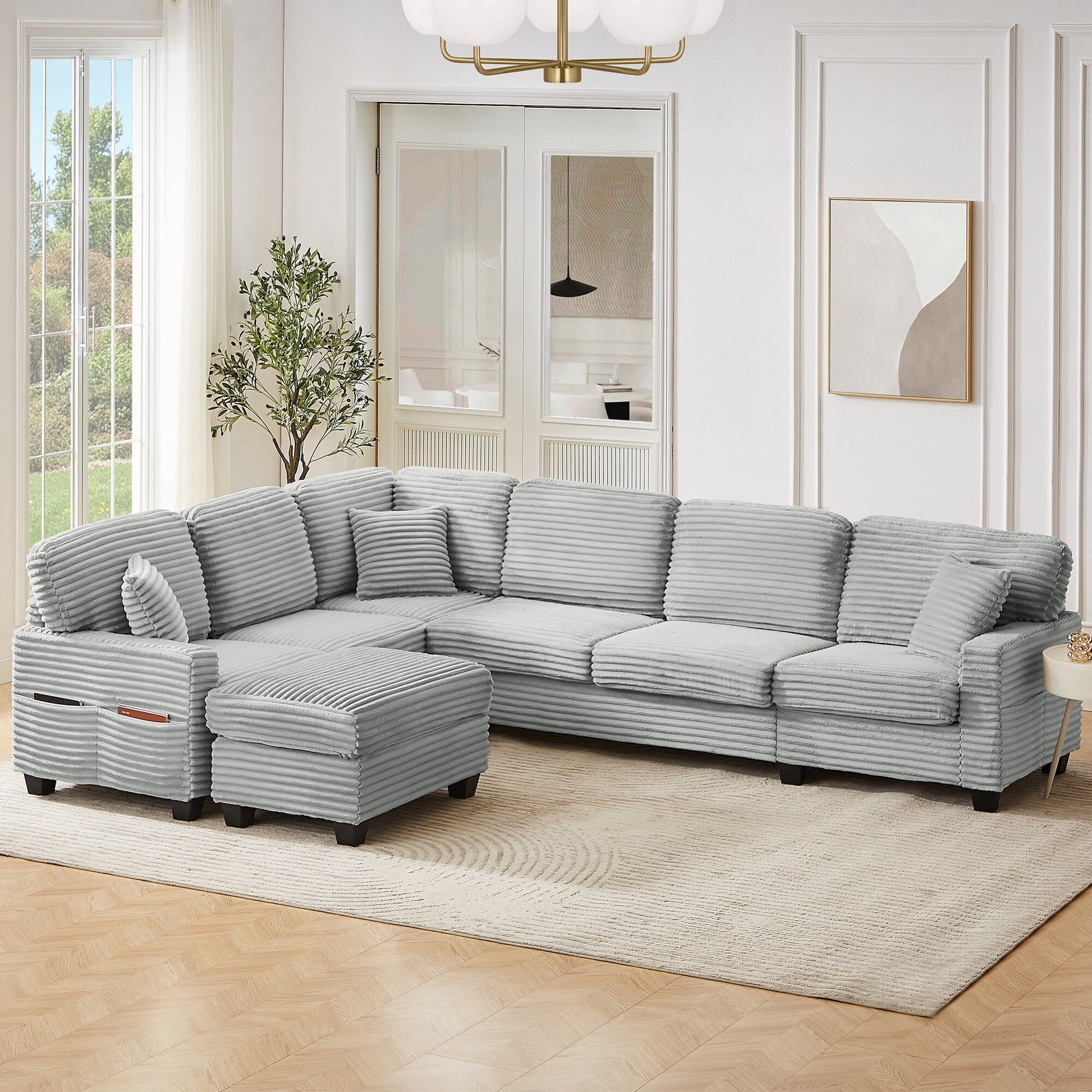 Canapé d'angle en forme de U en velours côtelé de 125 pouces avec pouf amovible