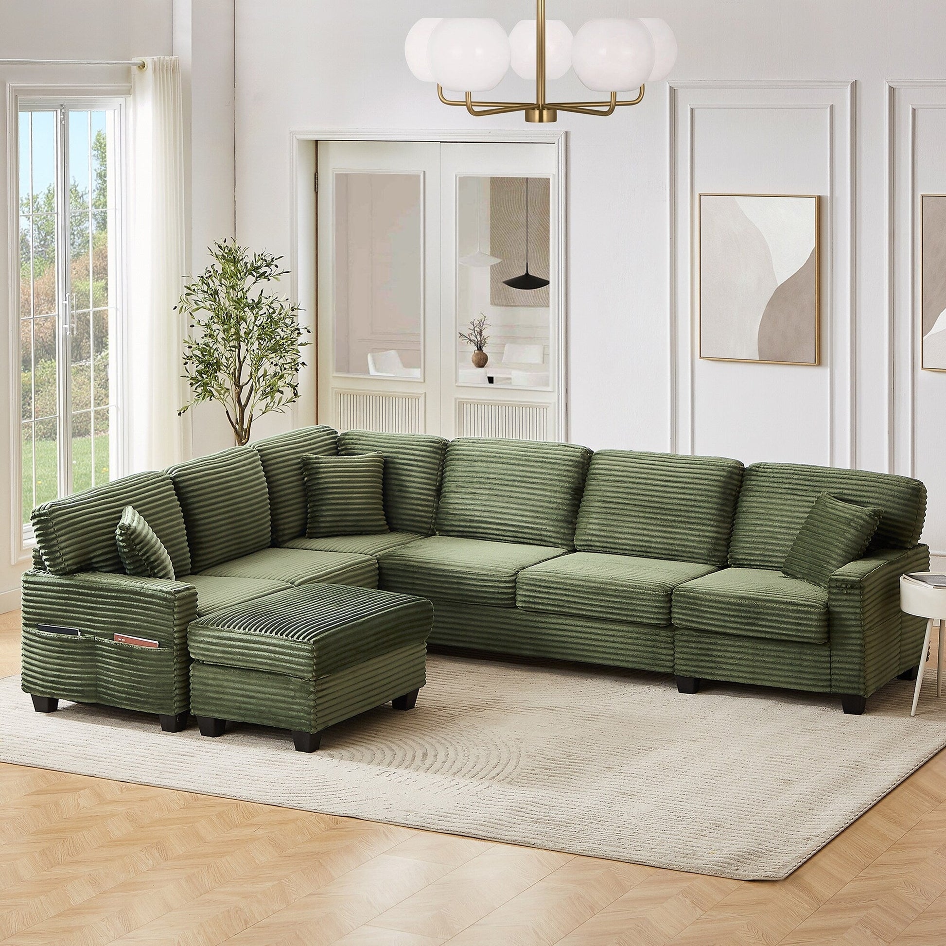 Canapé d'angle en forme de U en velours côtelé de 125 pouces avec pouf amovible
