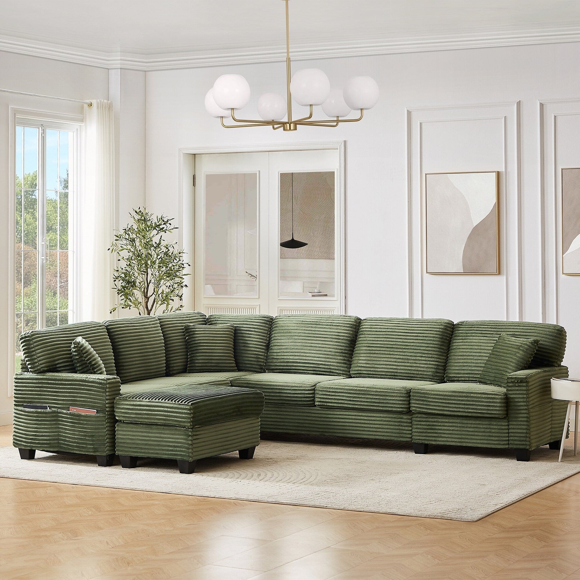 Canapé d'angle en forme de U en velours côtelé de 125 pouces avec pouf amovible