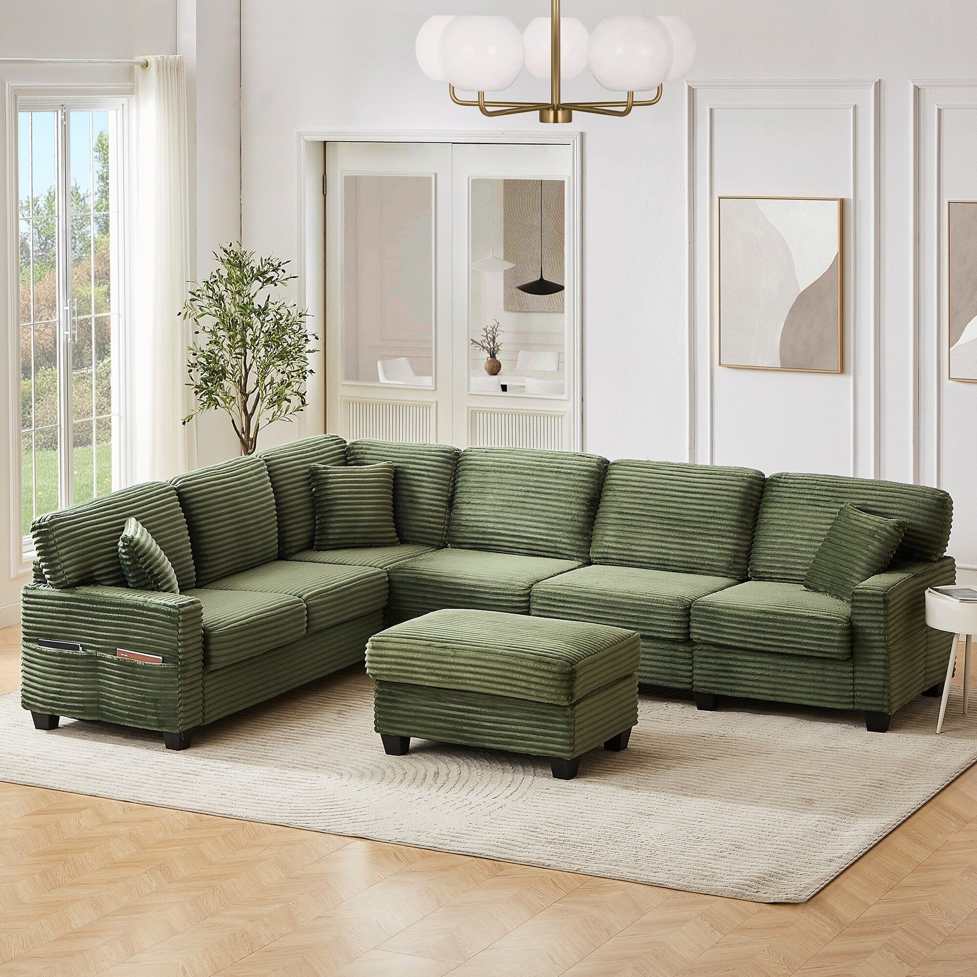 Canapé d'angle en forme de U en velours côtelé de 125 pouces avec pouf amovible