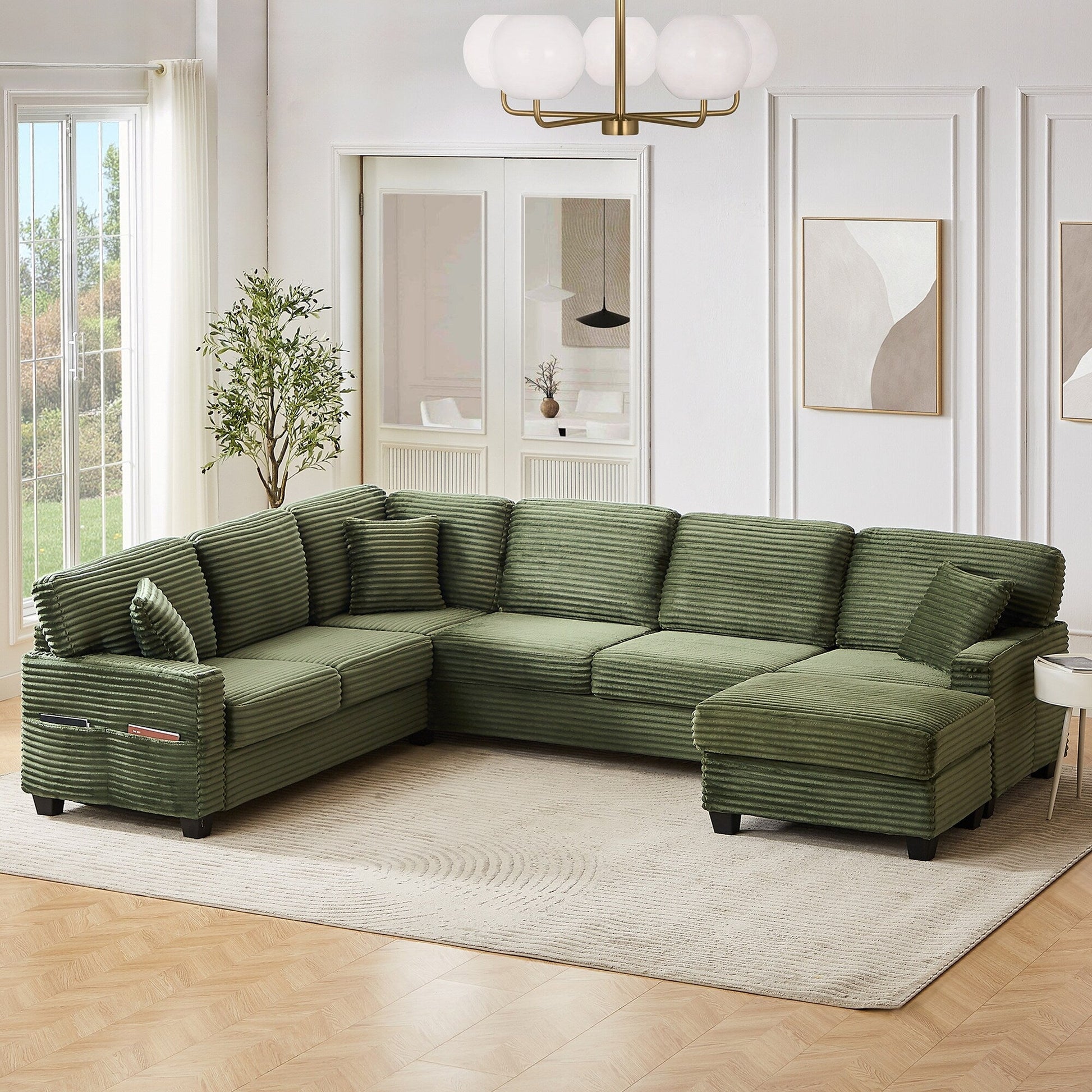 Canapé d'angle en forme de U en velours côtelé de 125 pouces avec pouf amovible