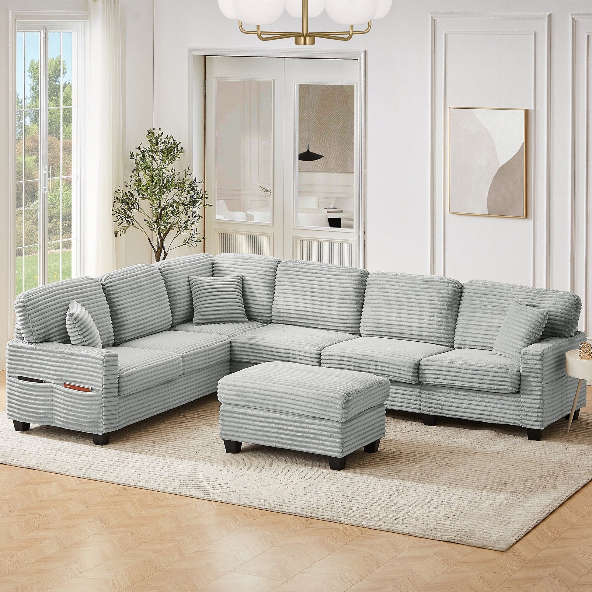 Canapé d'angle en forme de U en velours côtelé de 125 pouces avec pouf amovible
