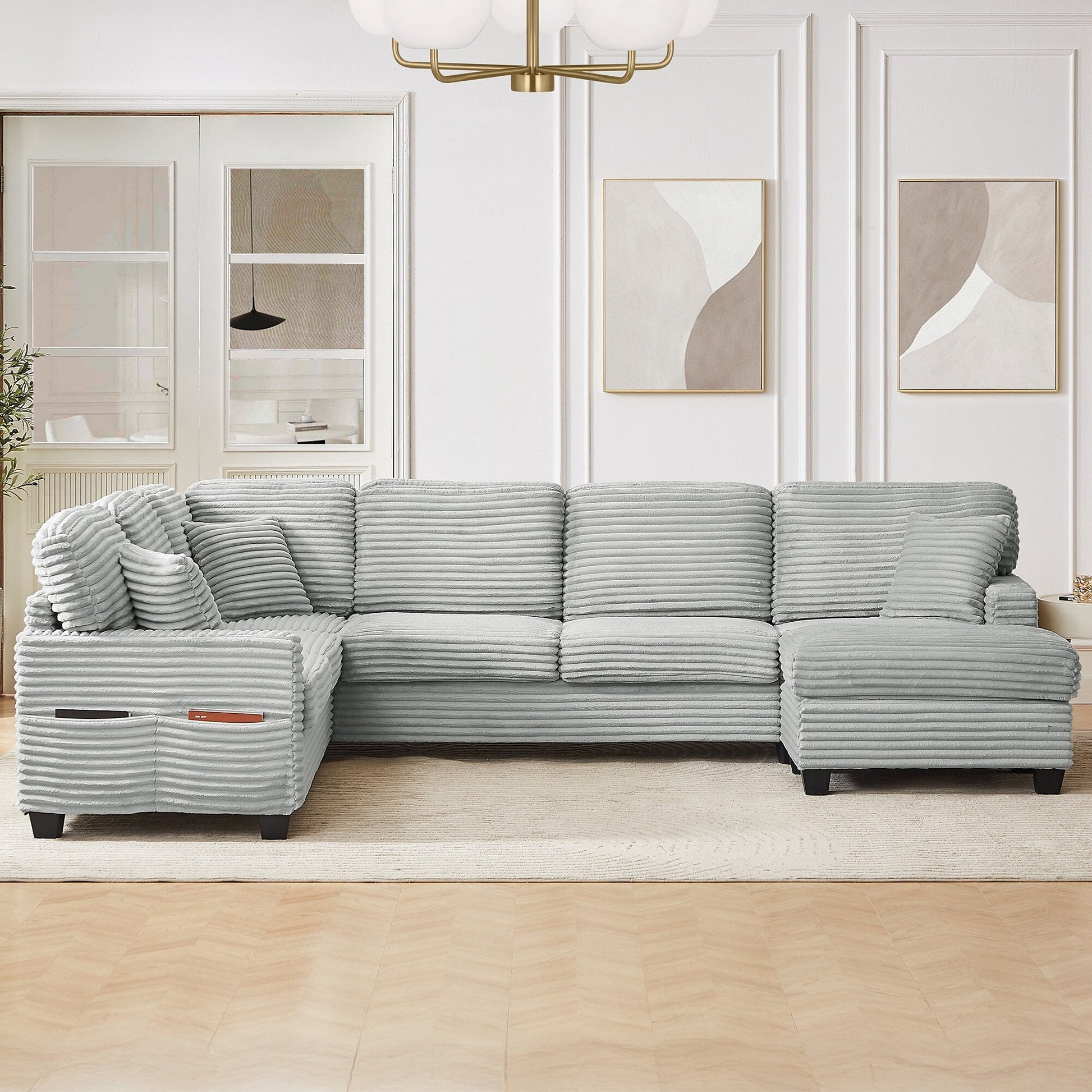 Canapé d'angle en forme de U en velours côtelé de 125 pouces avec pouf amovible