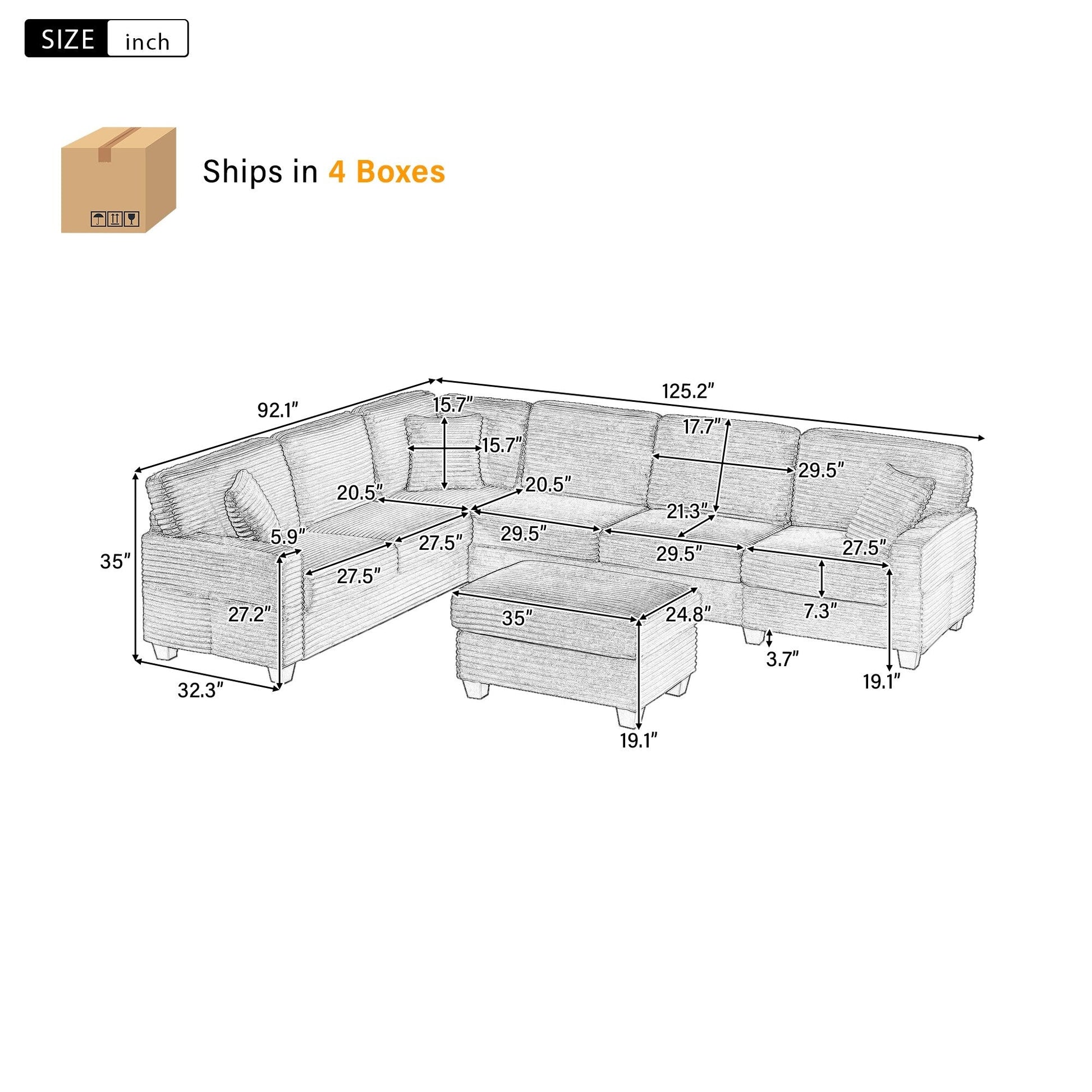 Canapé d'angle en forme de U en velours côtelé de 125 pouces avec pouf amovible