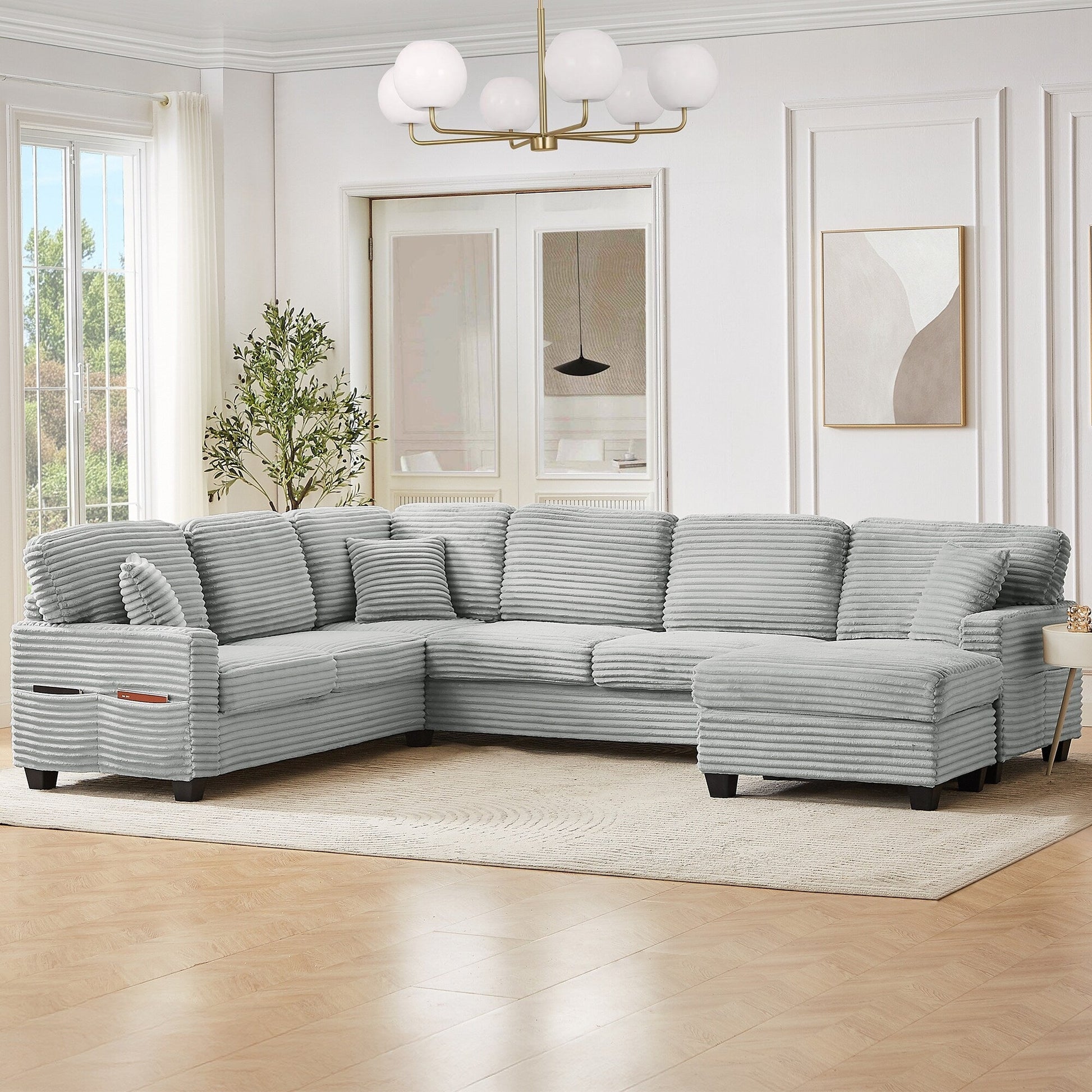 Canapé d'angle en forme de U en velours côtelé de 125 pouces avec pouf amovible