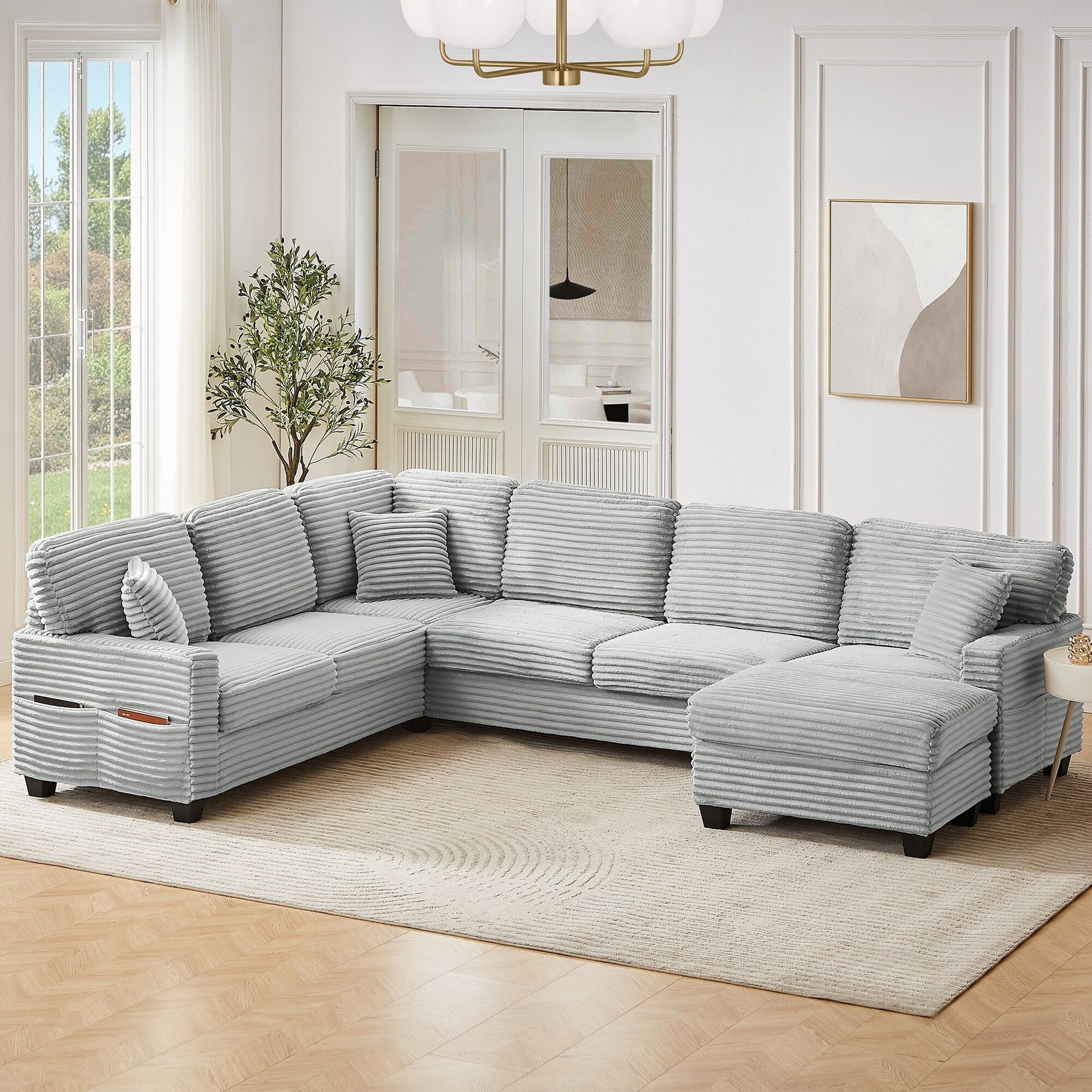 Canapé d'angle en forme de U en velours côtelé de 125 pouces avec pouf amovible