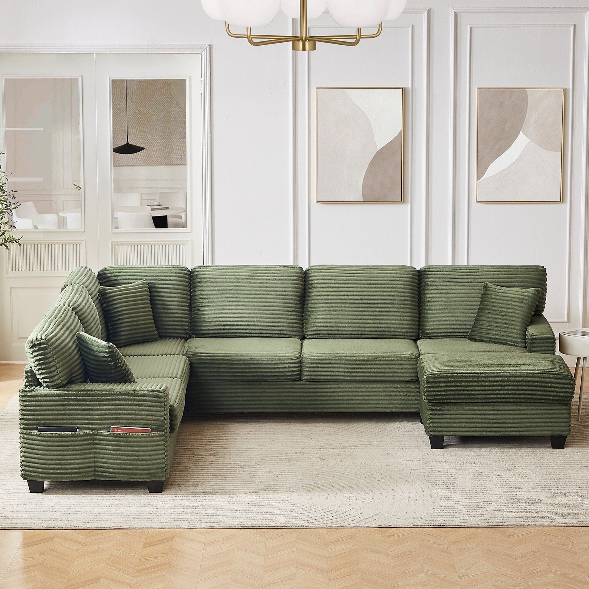 Canapé d'angle en forme de U en velours côtelé de 125 pouces avec pouf amovible