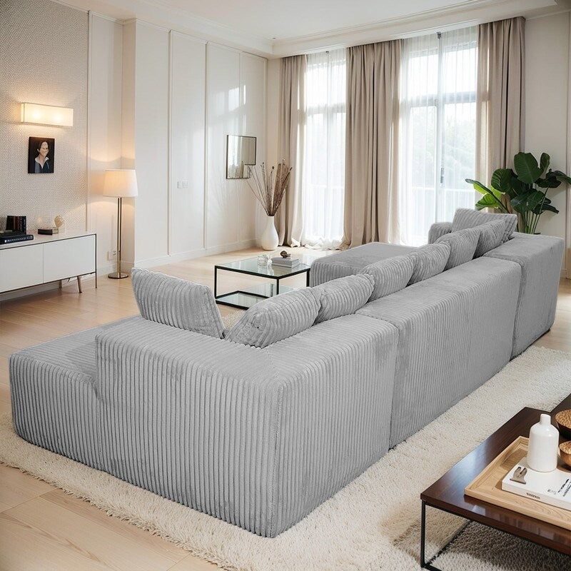 Canapé modulable en forme de U réversible à 4 places, 130 cm, en velours côtelé rayé gris – Disposition personnalisable pour le salon et la chambre à coucher