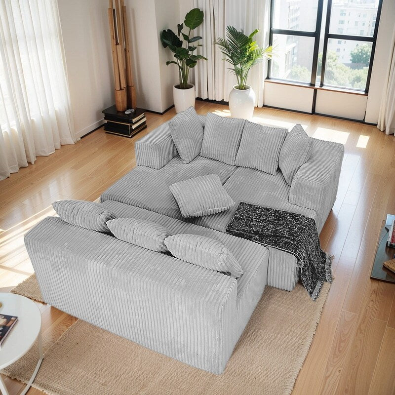 Canapé modulable en forme de U réversible à 4 places, 130 cm, en velours côtelé rayé gris – Disposition personnalisable pour le salon et la chambre à coucher