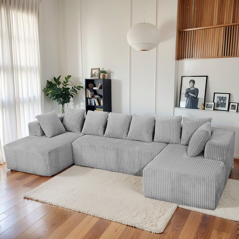 Canapé modulable en forme de U réversible à 4 places, 130 cm, en velours côtelé rayé gris – Disposition personnalisable pour le salon et la chambre à coucher