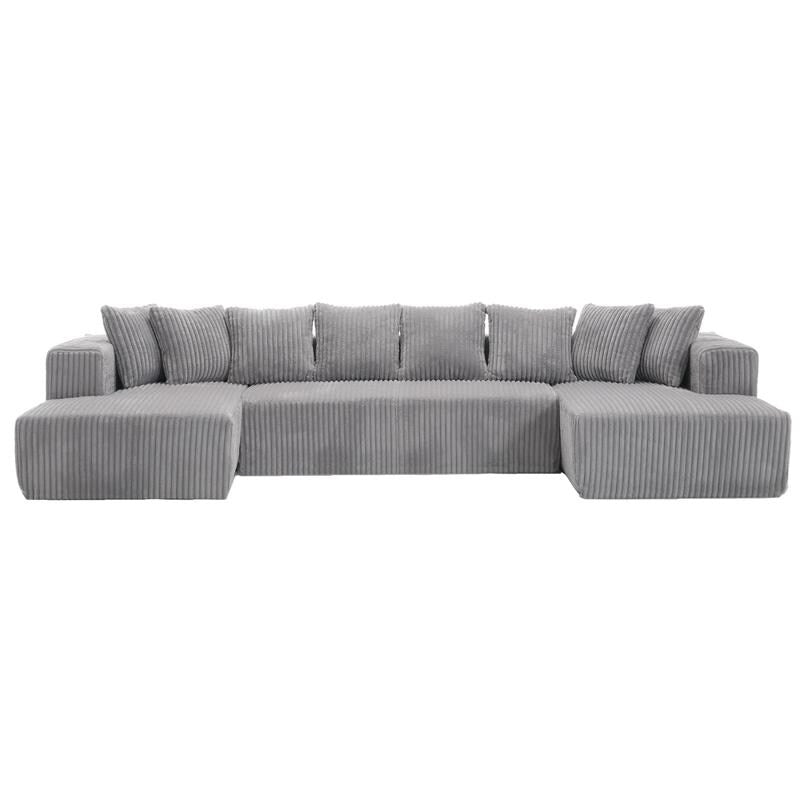 Canapé modulable en forme de U réversible à 4 places, 130 cm, en velours côtelé rayé gris – Disposition personnalisable pour le salon et la chambre à coucher