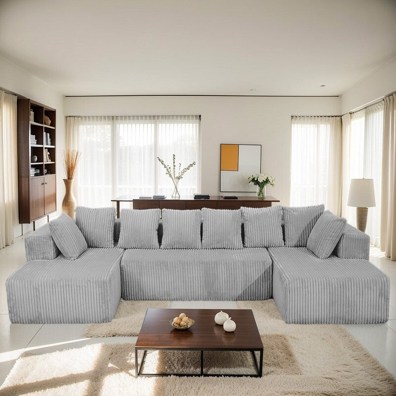Canapé modulable en forme de U réversible à 4 places, 130 cm, en velours côtelé rayé gris – Disposition personnalisable pour le salon et la chambre à coucher