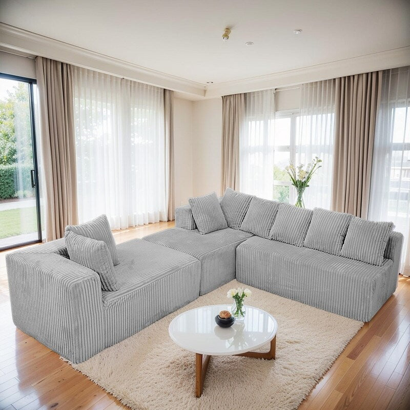 Canapé modulable en forme de U réversible à 4 places, 130 cm, en velours côtelé rayé gris – Disposition personnalisable pour le salon et la chambre à coucher