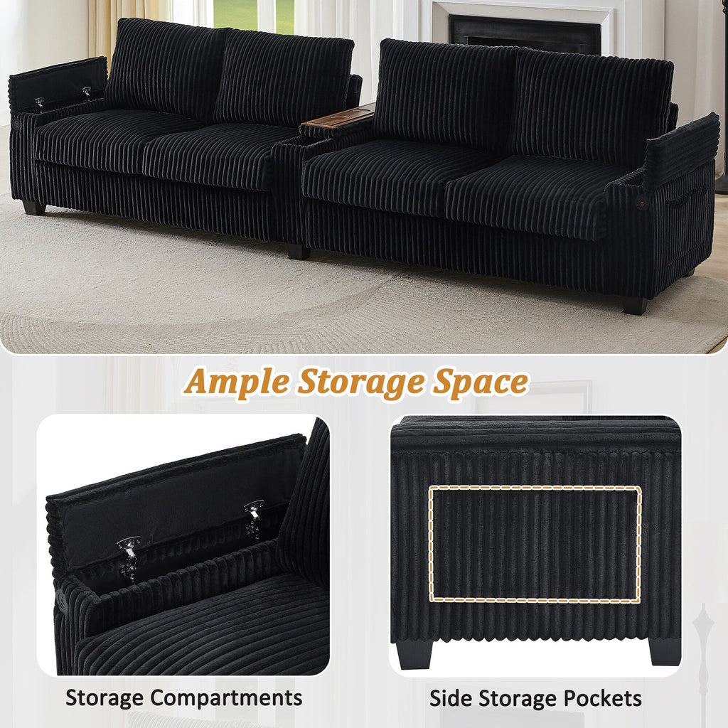 Canapé en velours côtelé 4 places 133 - Canapé de rangement moderne avec ports USB et porte-gobelets à rabat