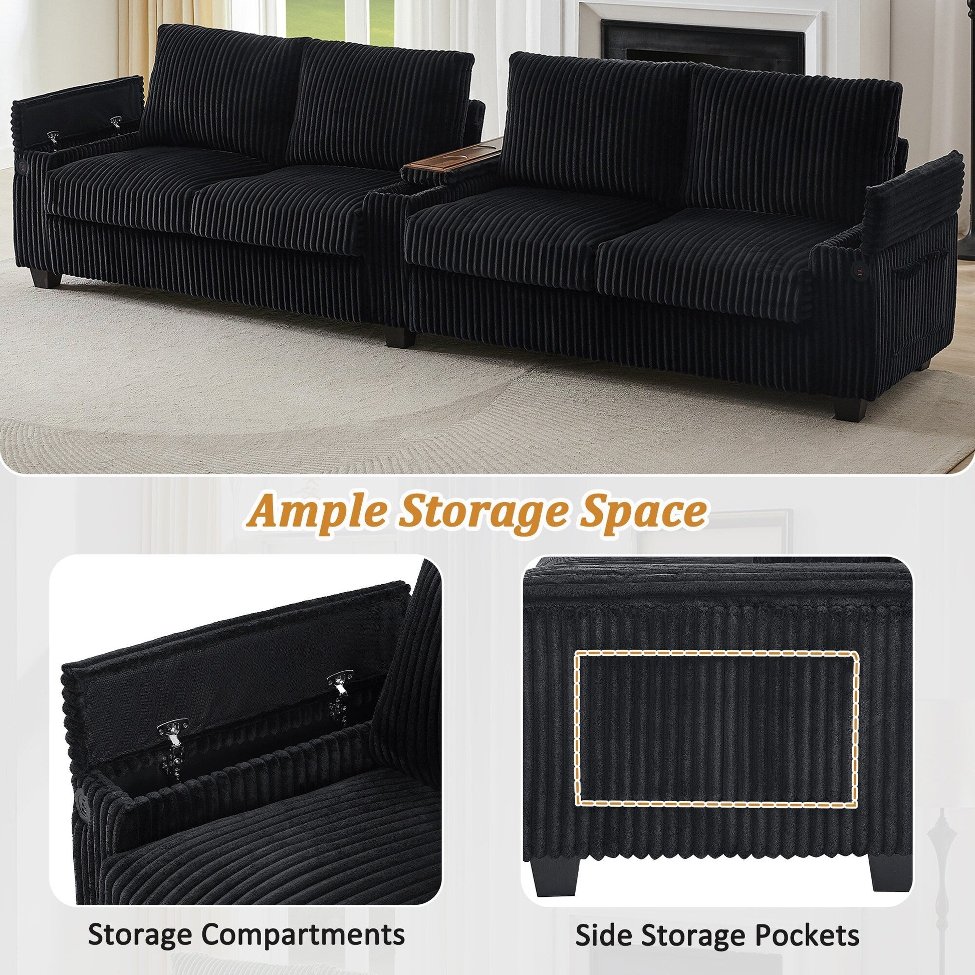 Canapé en velours côtelé 4 places 133 - Canapé de rangement moderne avec ports USB et porte-gobelets à rabat