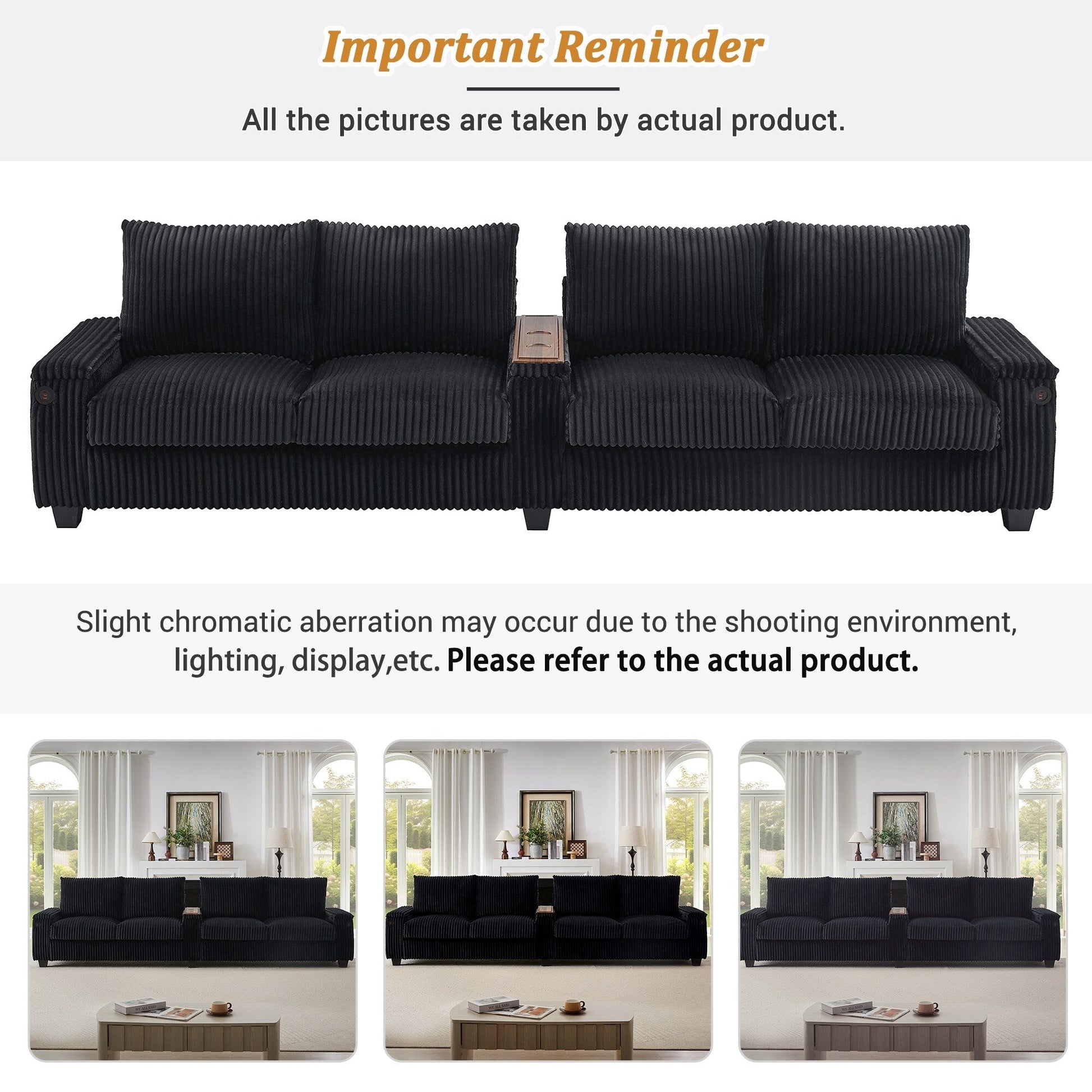 133 Corduroy 4-Seater Sofa with USB Ports, Flip-Top Cup Holders, and Hidden Storage
