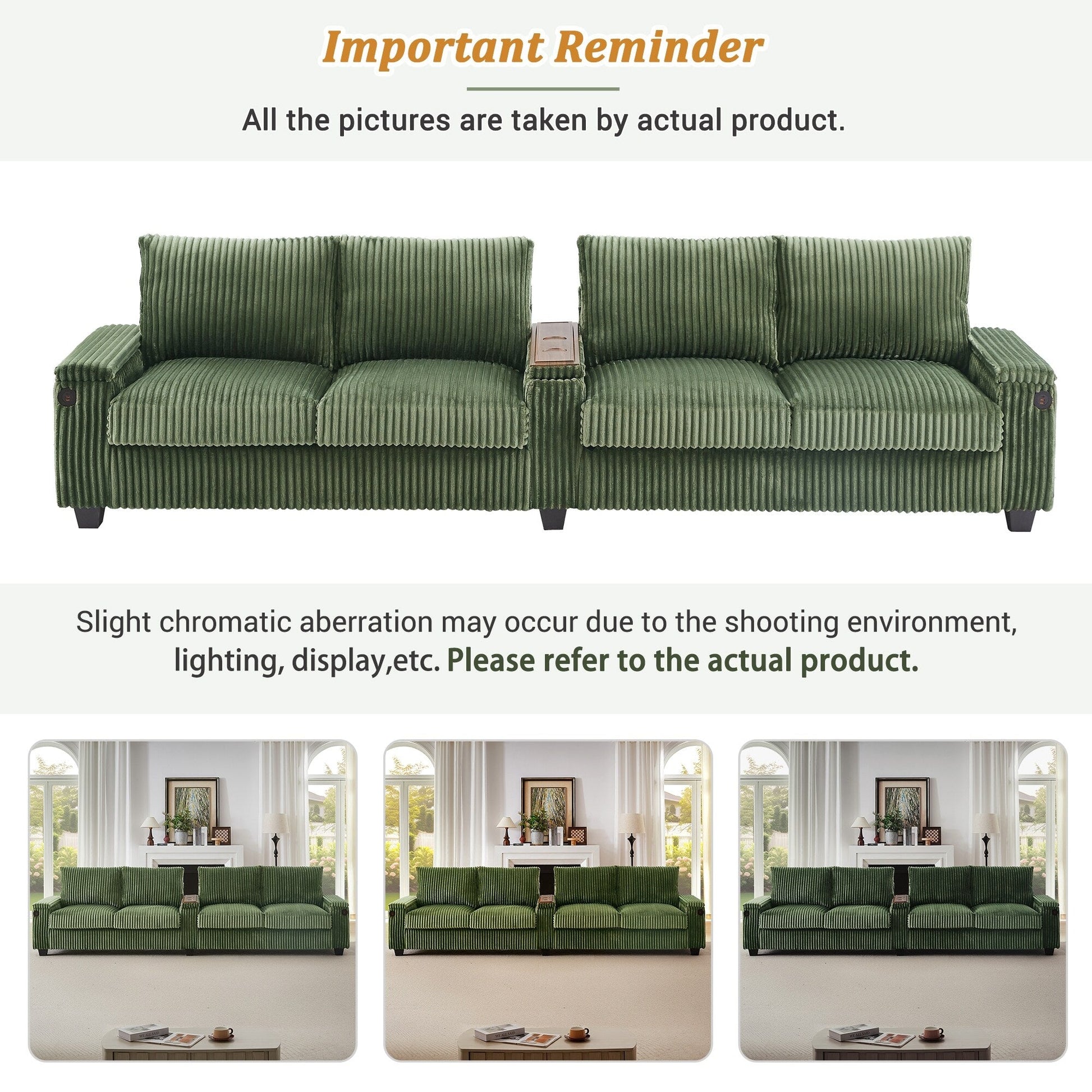 133 Corduroy 4-Seater Sofa with USB Ports, Flip-Top Cup Holders, and Hidden Storage
