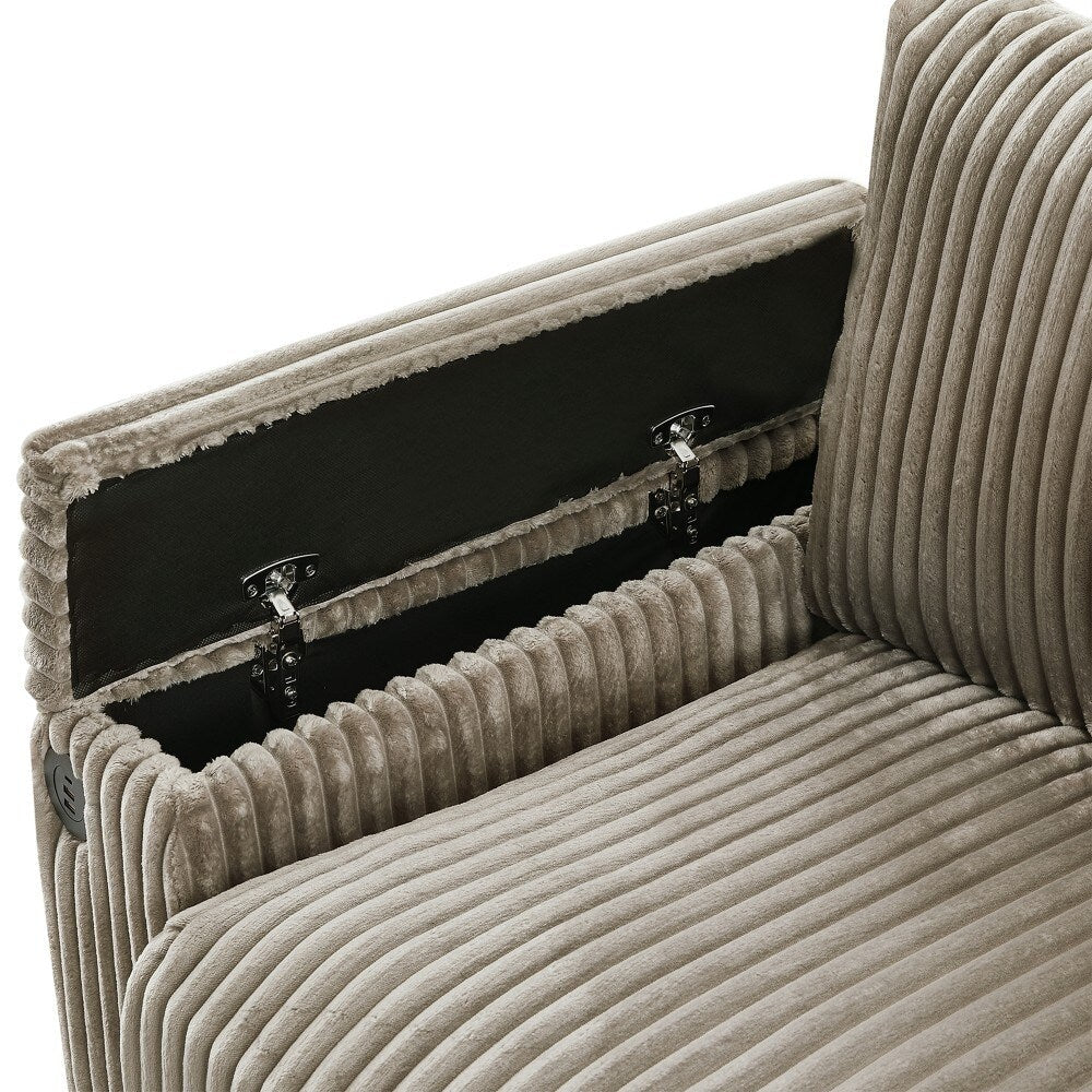Canapé moderne 4 places en velours côtelé avec ports USB et porte-gobelets à rabat.