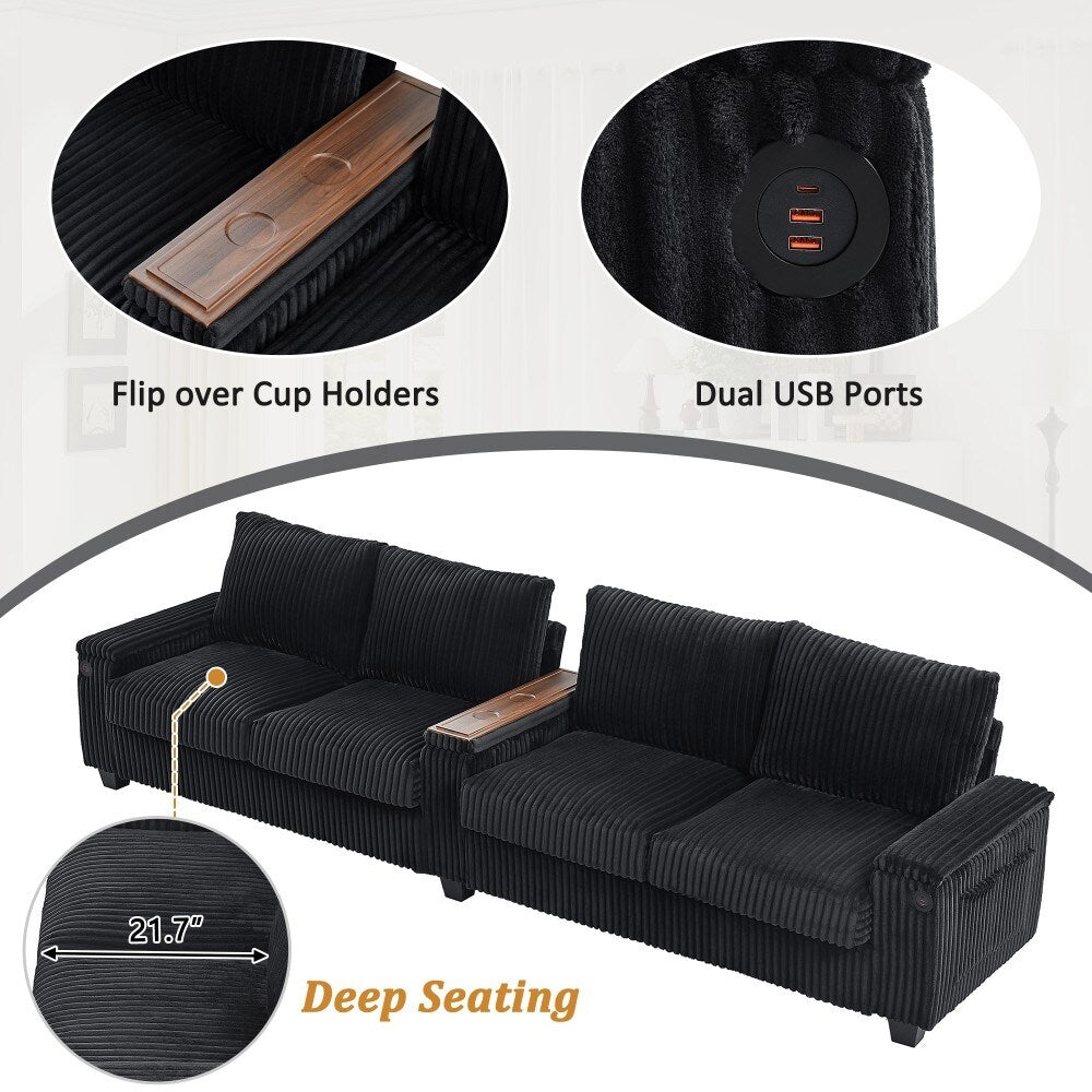 Canapé moderne 4 places en velours côtelé avec ports USB et porte-gobelets à rabat.