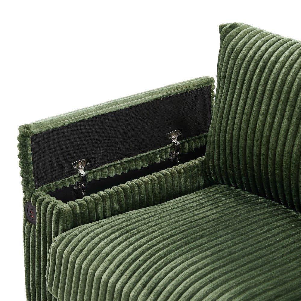 Canapé moderne 4 places en velours côtelé avec ports USB et porte-gobelets à rabat.