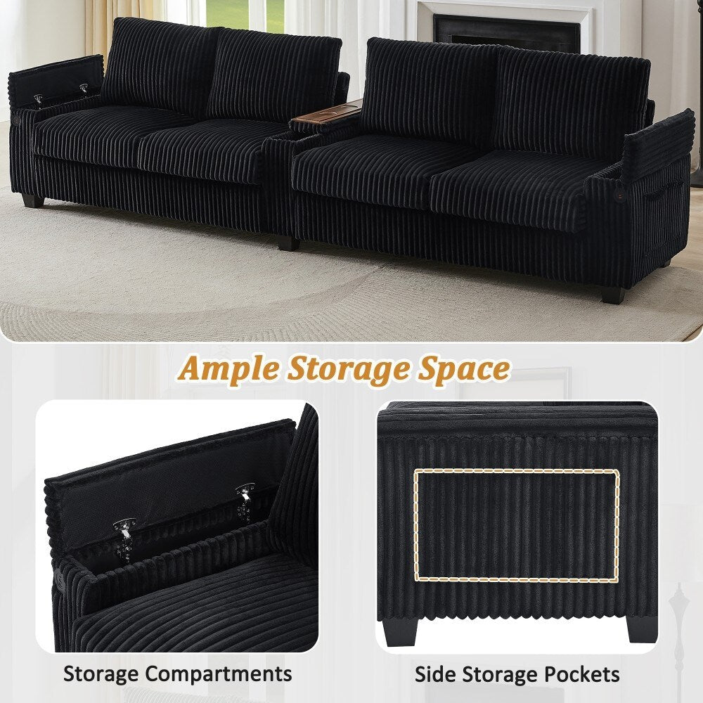 Canapé moderne 4 places en velours côtelé avec ports USB et porte-gobelets à rabat.