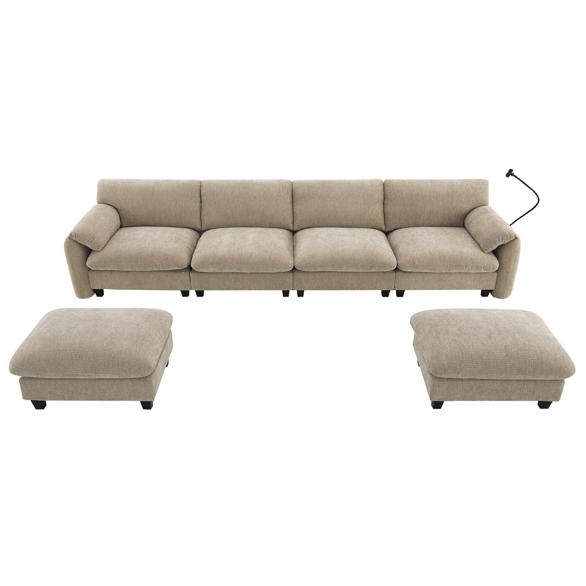 140-Inch Chenille Sectional Sofa with USB and Type-C Charging Ports, Phone Holders, Side Storage Pockets, Movement Ottomans