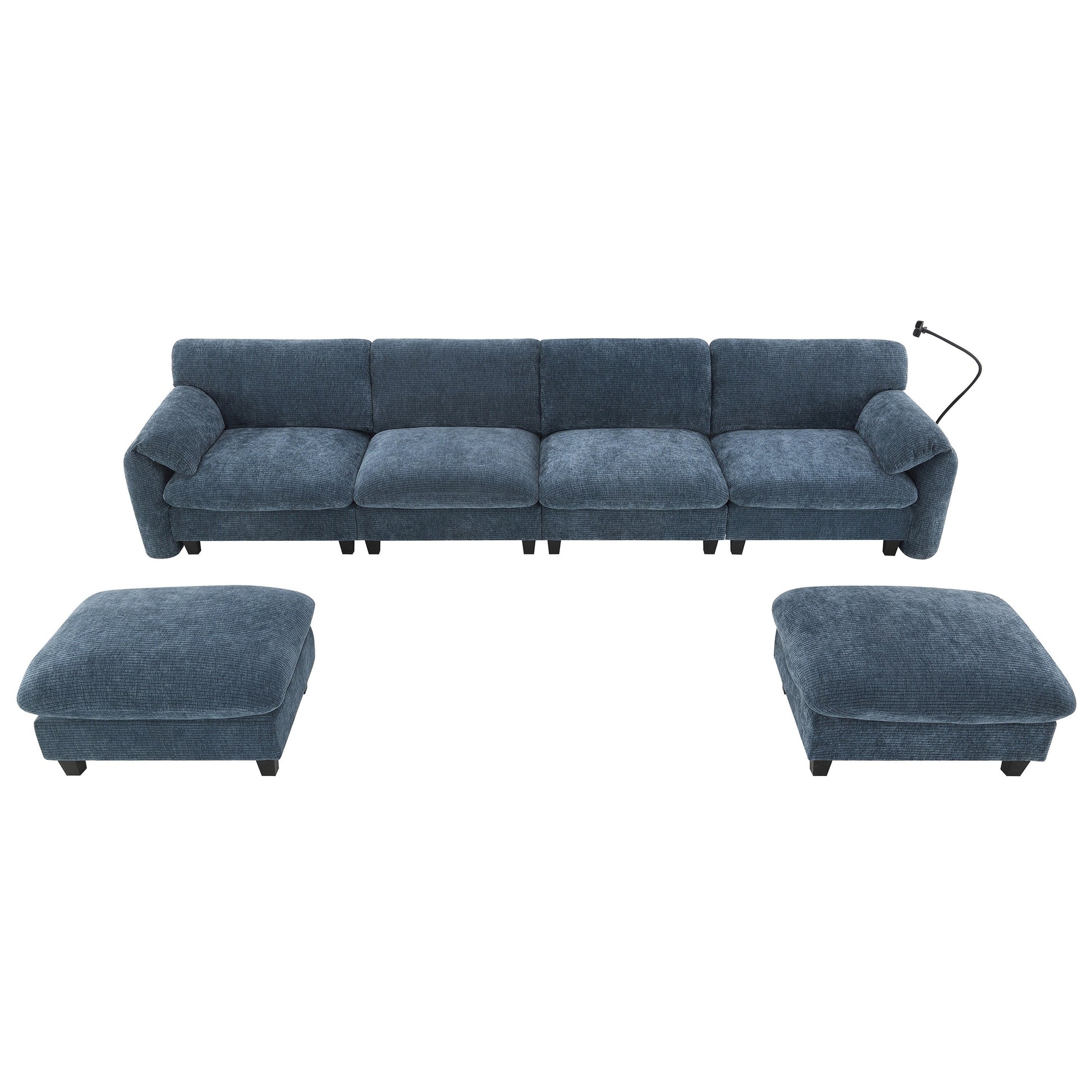 140-Inch Chenille Sectional Sofa with USB and Type-C Charging Ports, Phone Holders, Side Storage Pockets, Movement Ottomans