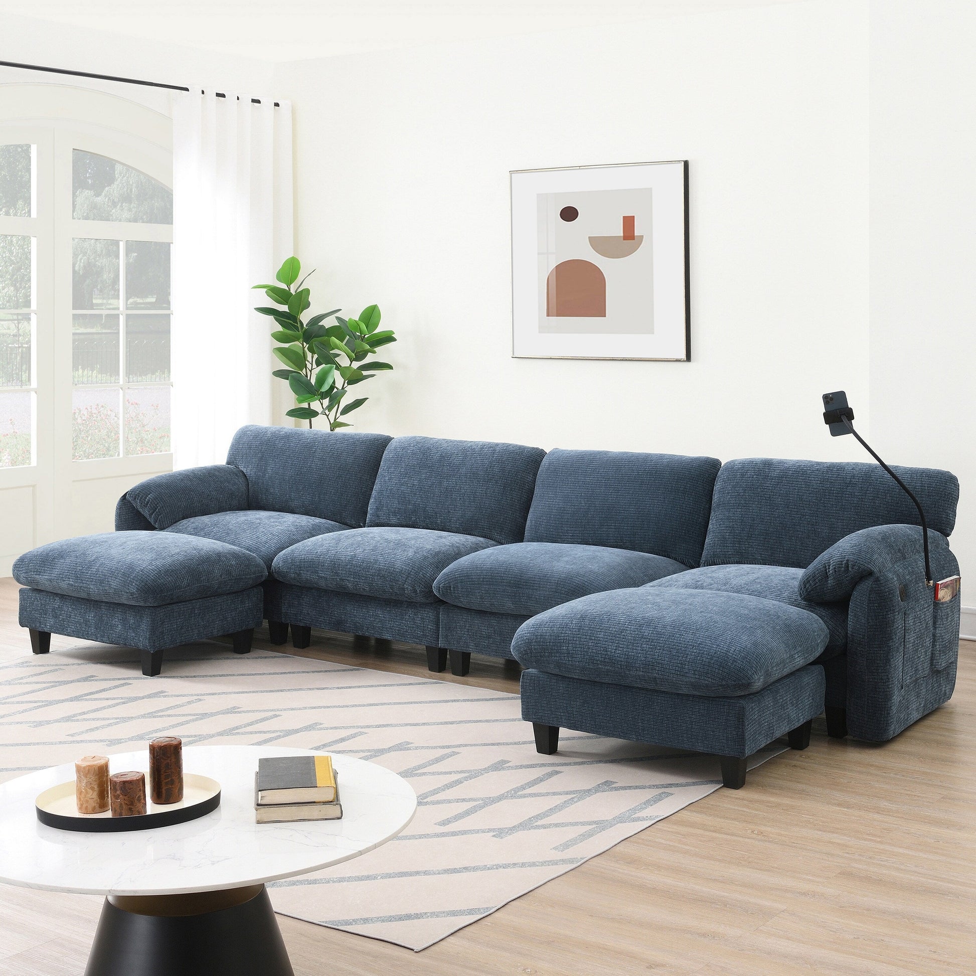 140-Inch Chenille Sectional Sofa with USB and Type-C Charging Ports, Phone Holders, Side Storage Pockets, Movement Ottomans