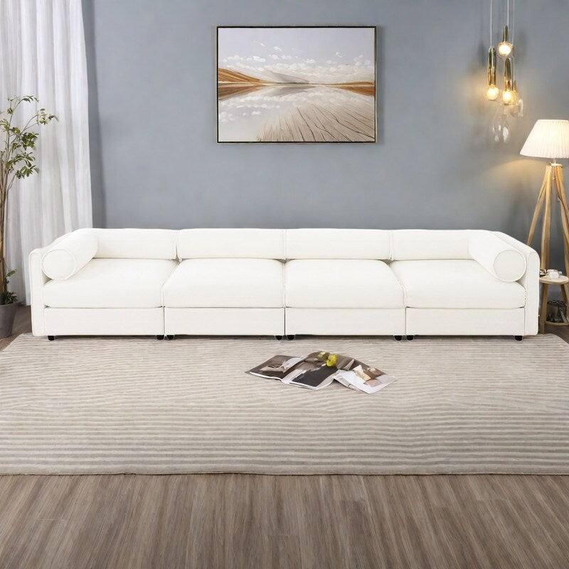 Canapé d'angle modulaire en chenille 4 places avec rangement et dossier cylindrique, 142,5 cm