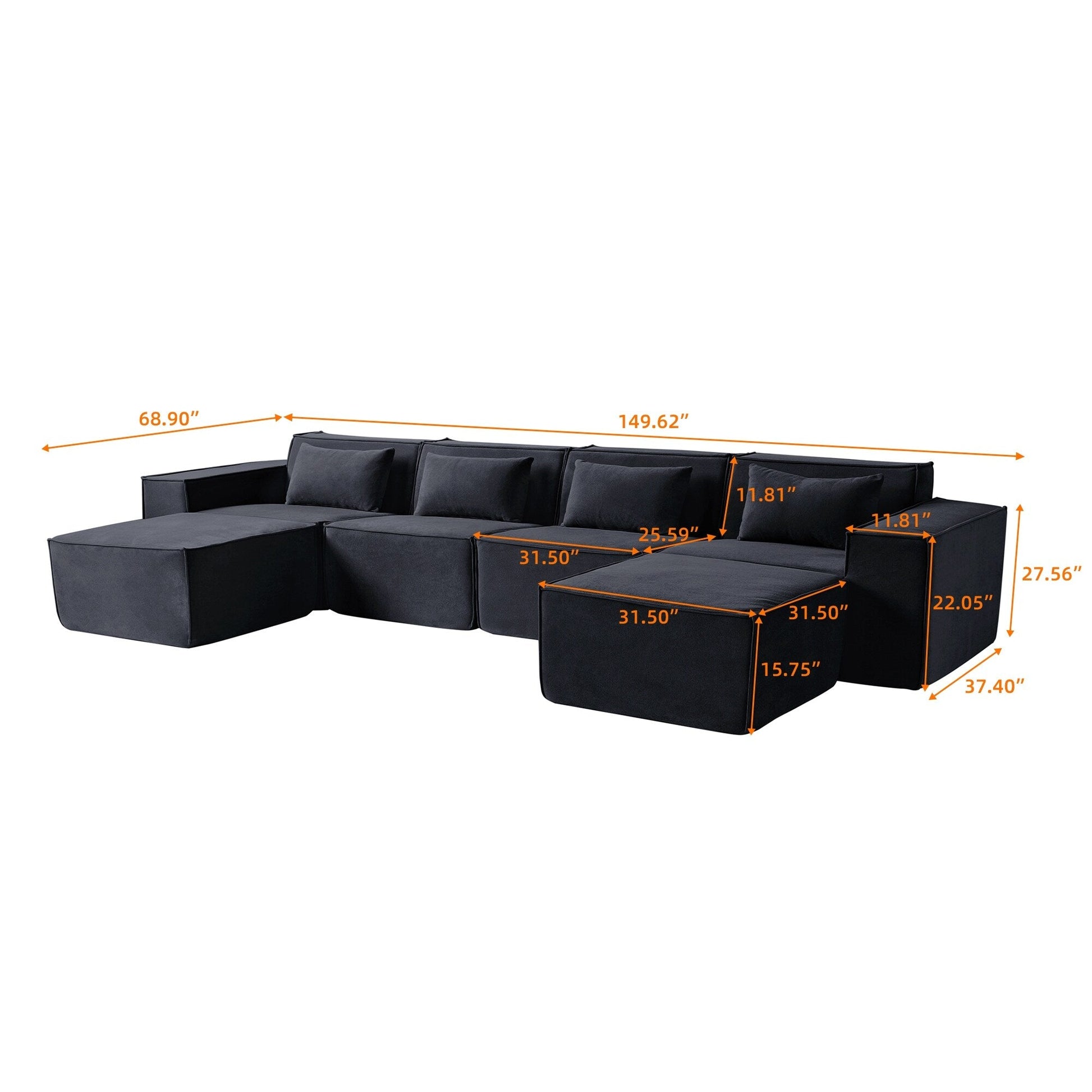 Canapé d'angle modulaire en forme de U 149, canapé-lit rembourré 6 places, combinaison libre.