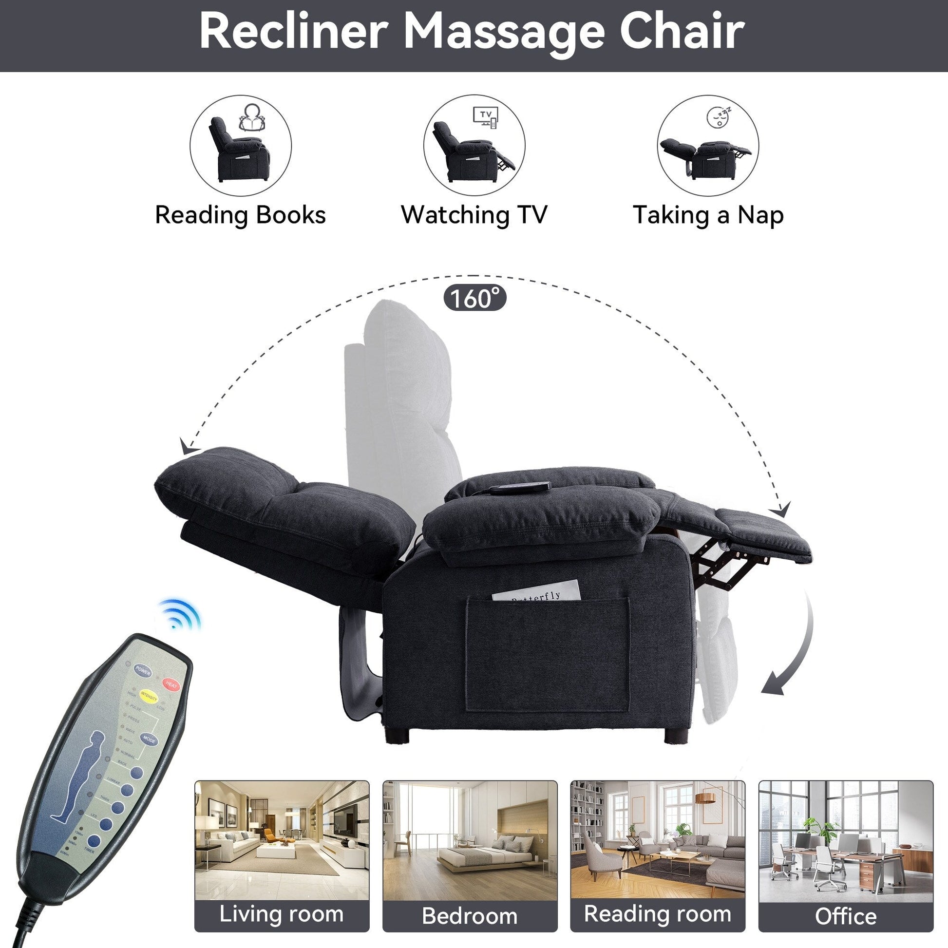Fauteuil inclinable à 160° pour personnes âgées - Fauteuil inclinable électrique avec massage chauffant à 8 points, tissu chenille doux