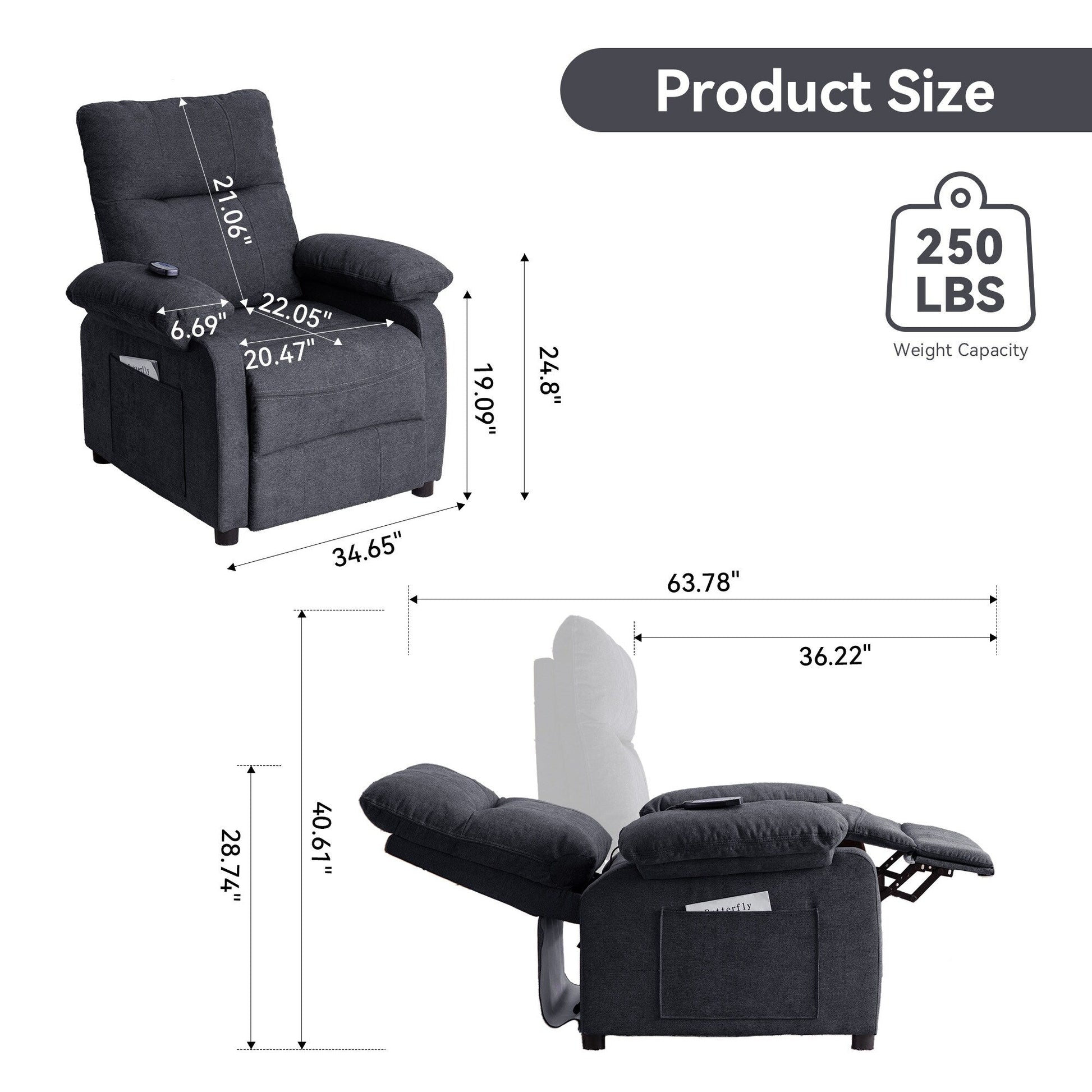 Fauteuil inclinable à 160° pour personnes âgées - Fauteuil inclinable électrique avec massage chauffant à 8 points, tissu chenille doux