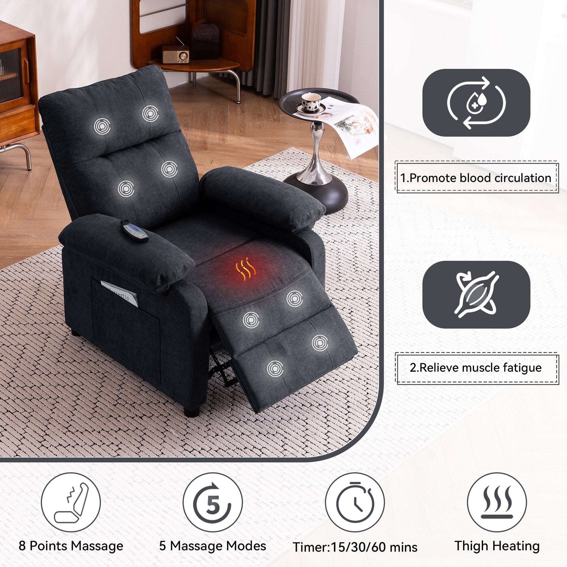 Fauteuil inclinable à 160° pour personnes âgées - Fauteuil inclinable électrique avec massage chauffant à 8 points, tissu chenille doux