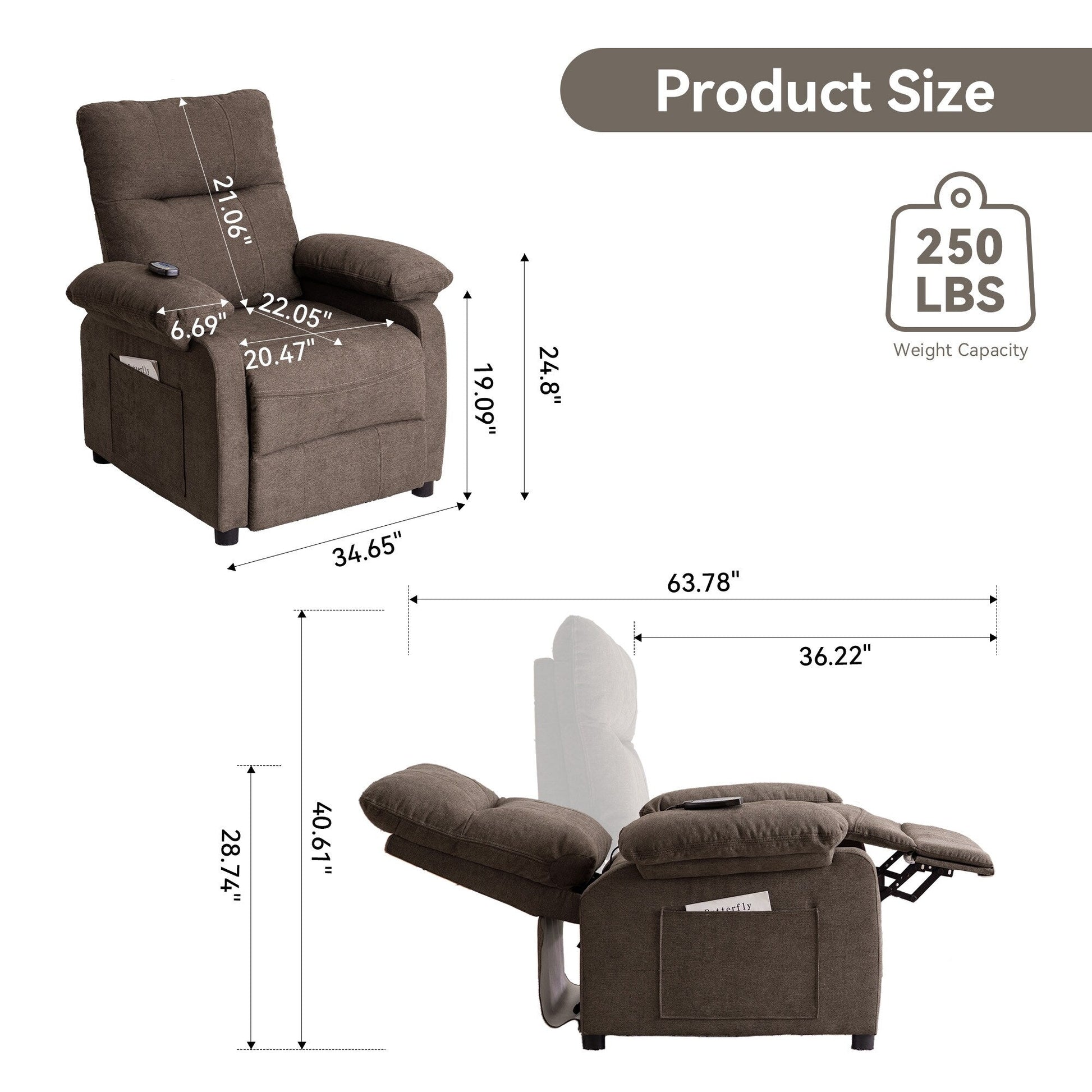 Fauteuil inclinable à 160° pour personnes âgées - Fauteuil inclinable électrique avec massage chauffant à 8 points, tissu chenille doux