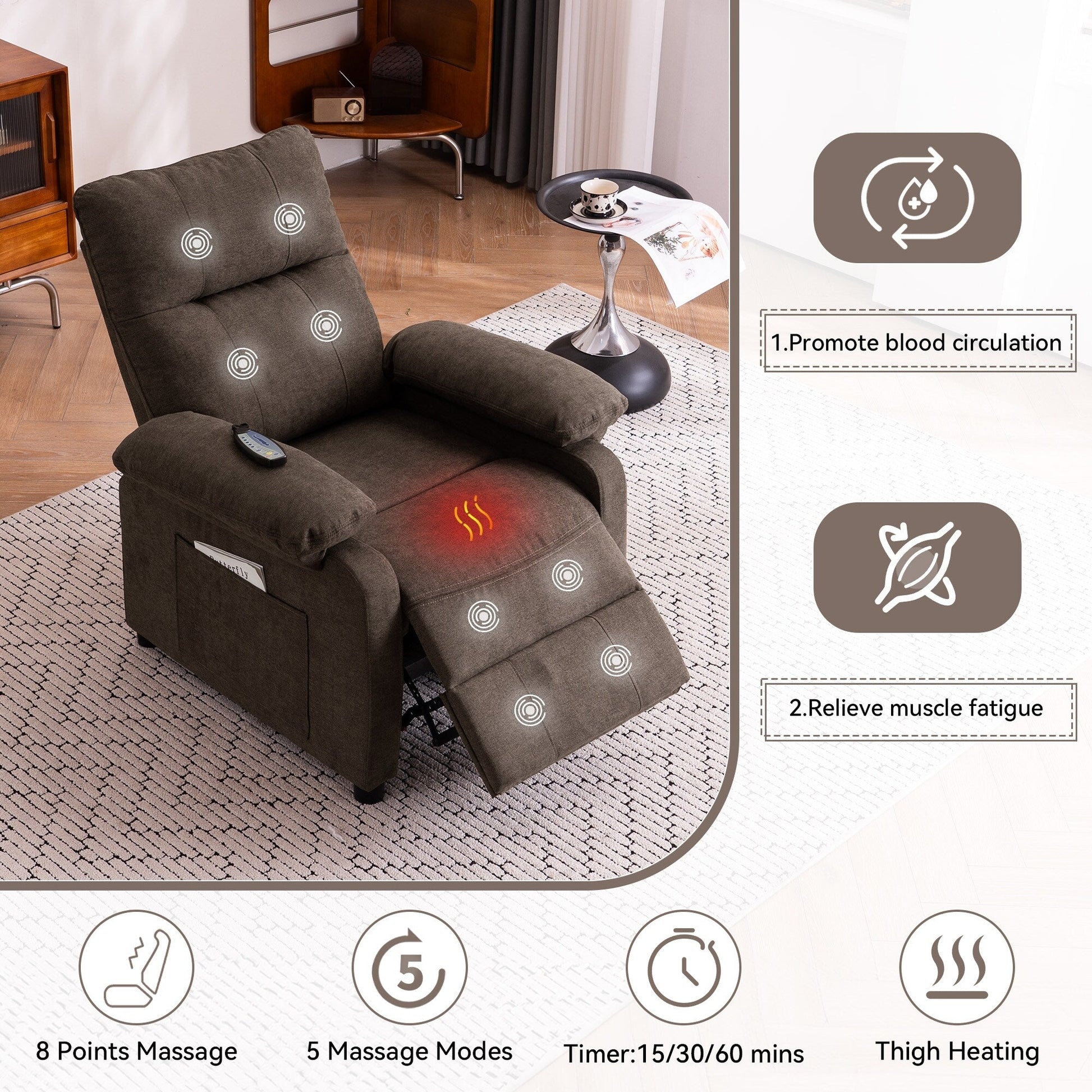 Fauteuil inclinable à 160° pour personnes âgées - Fauteuil inclinable électrique avec massage chauffant à 8 points, tissu chenille doux