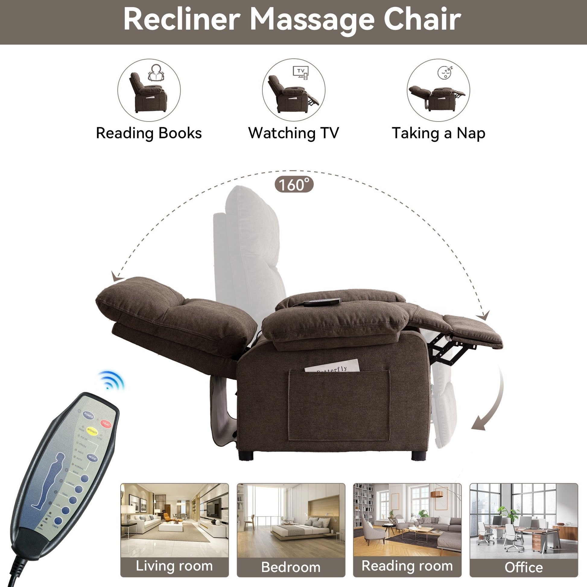Fauteuil inclinable à 160° pour personnes âgées - Fauteuil inclinable électrique avec massage chauffant à 8 points, tissu chenille doux